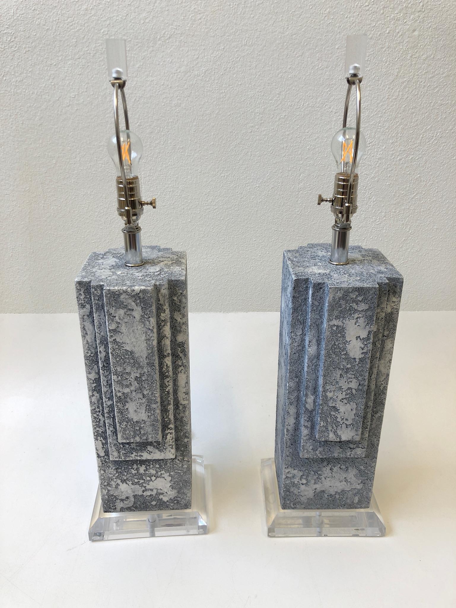 Linen Pair of Plaster and Chrome Table Lamps For Sale