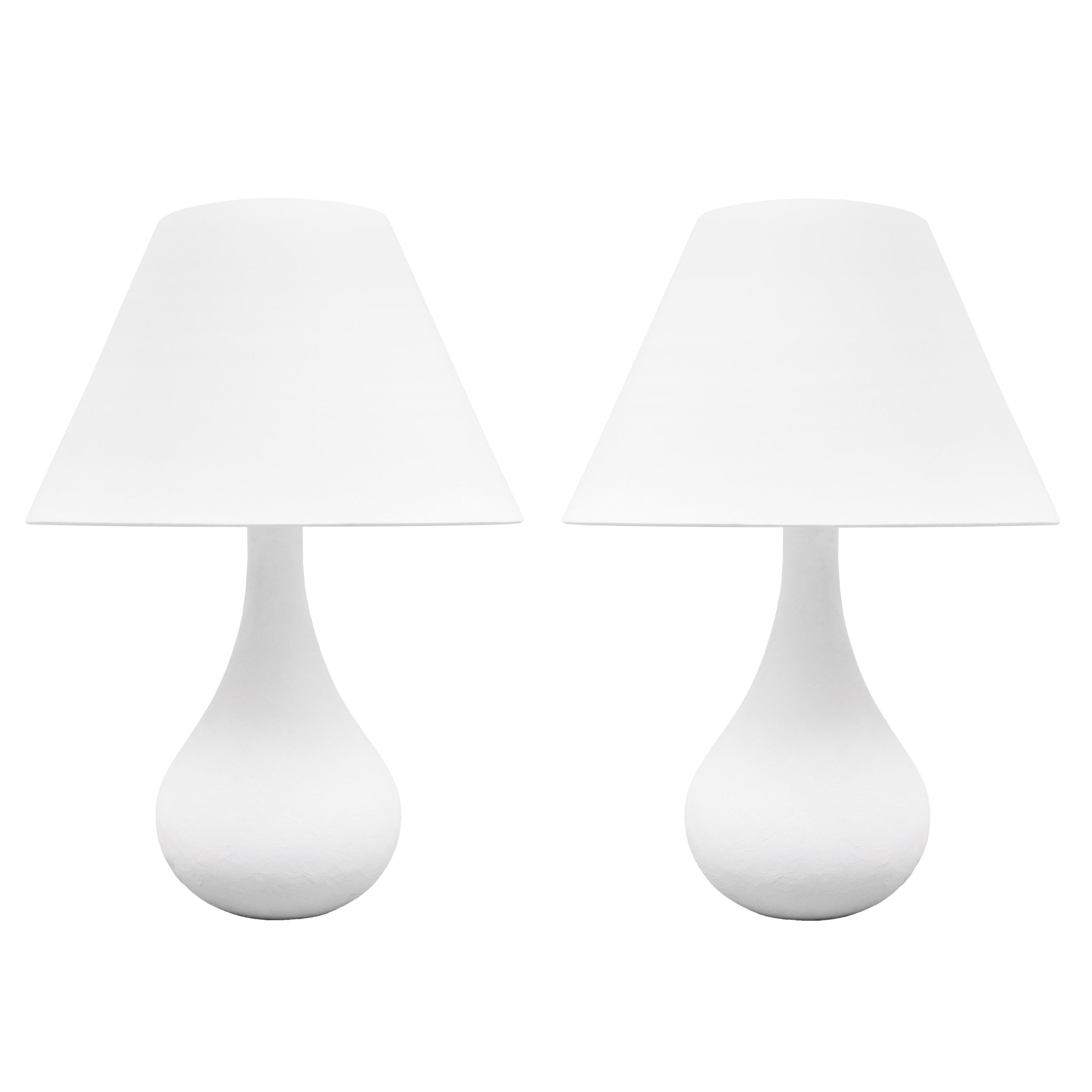 Pair of Plaster Custom Elle Lamps.
One pair currently in stock. Lampshades are not included. 
Please note that these lamps are customizable in size, color, material.
Lead time is 8-10 weeks.
Measures: height to tip of finial is 27.5