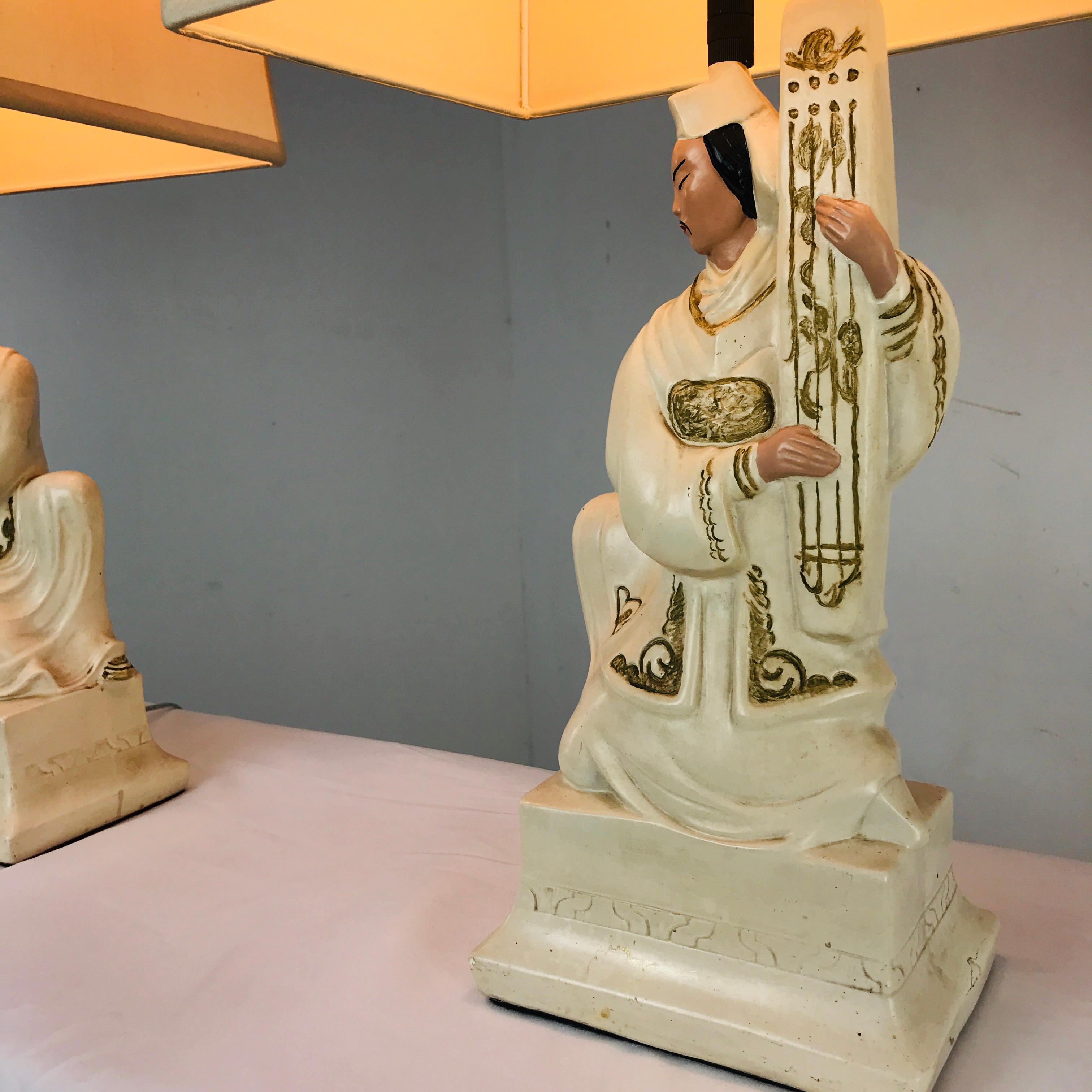Painted Pair of Plaster Figural Lamps For Sale