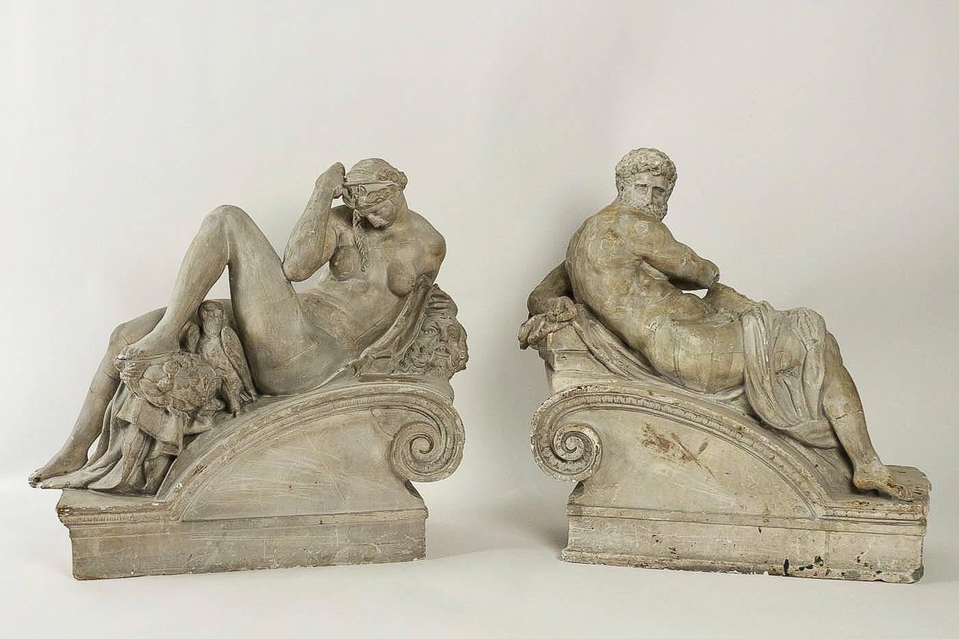 Pair of Plaster Group Lamps in the Manner of Michel-Angelo The Night and The Day 10