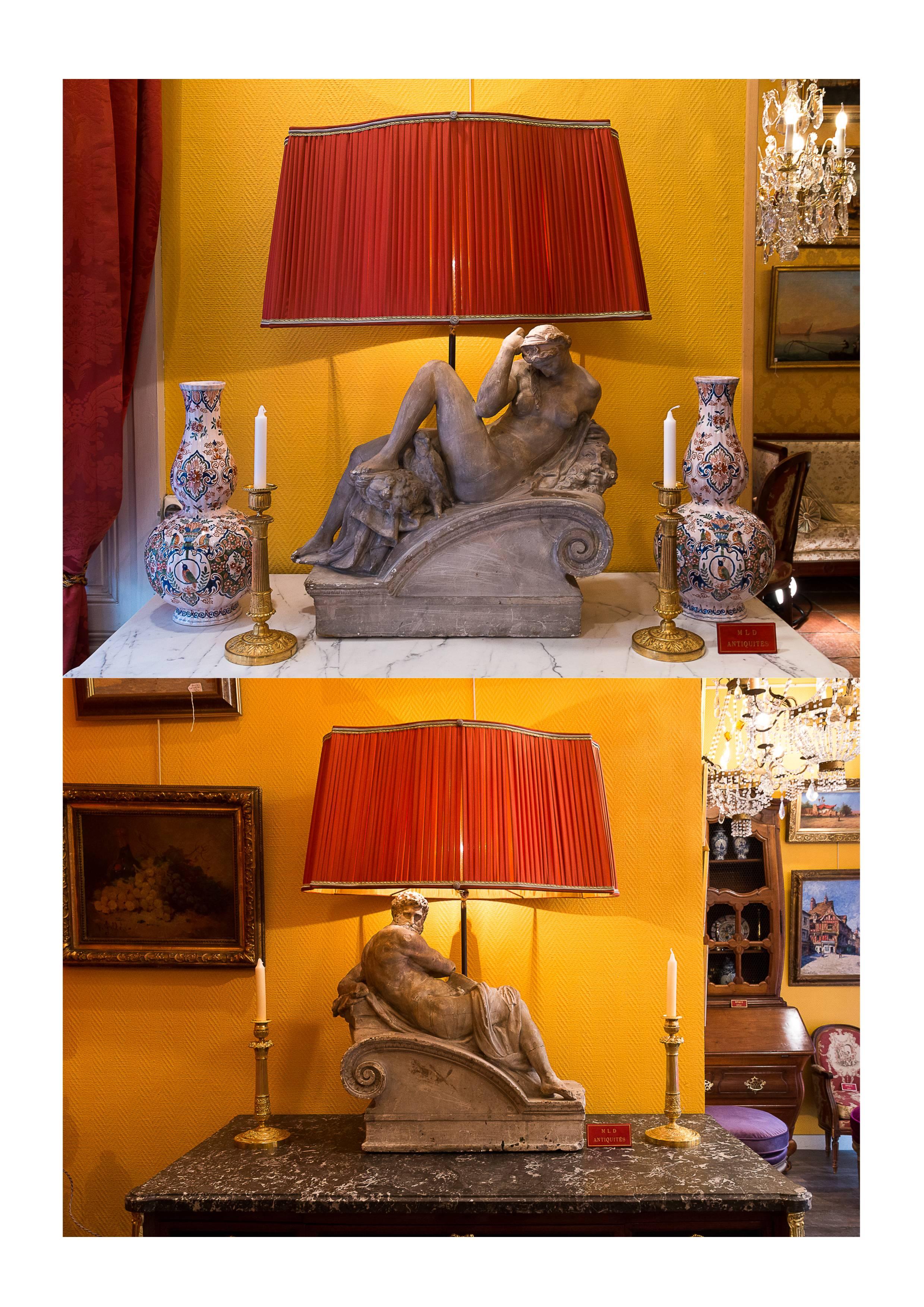 We are pleased to present you a fantastic pair of plaster group converted in lamps, with new French pleated silk lamp shades, Terra-Cotta color. Our plater group is in the manner of Michel-Angelo statues decorating Julien de Medicis grave in