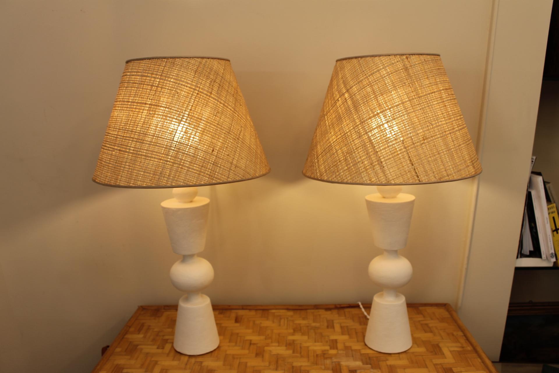 Hand-Crafted Pair of plaster lamps, in the manner of Jean Michel Franck For Sale