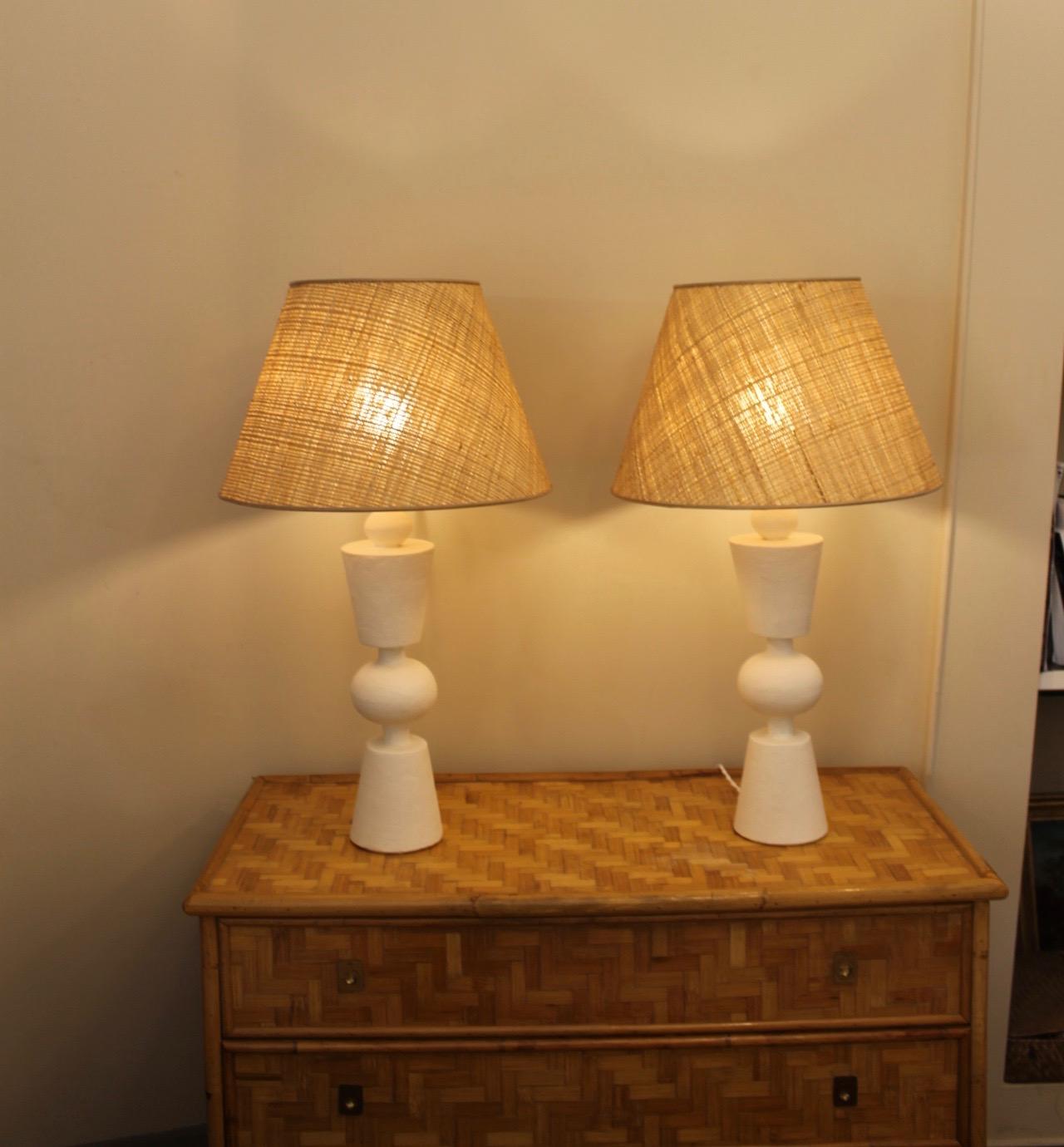 Plaster Pair of plaster lamps, in the manner of Jean Michel Franck For Sale