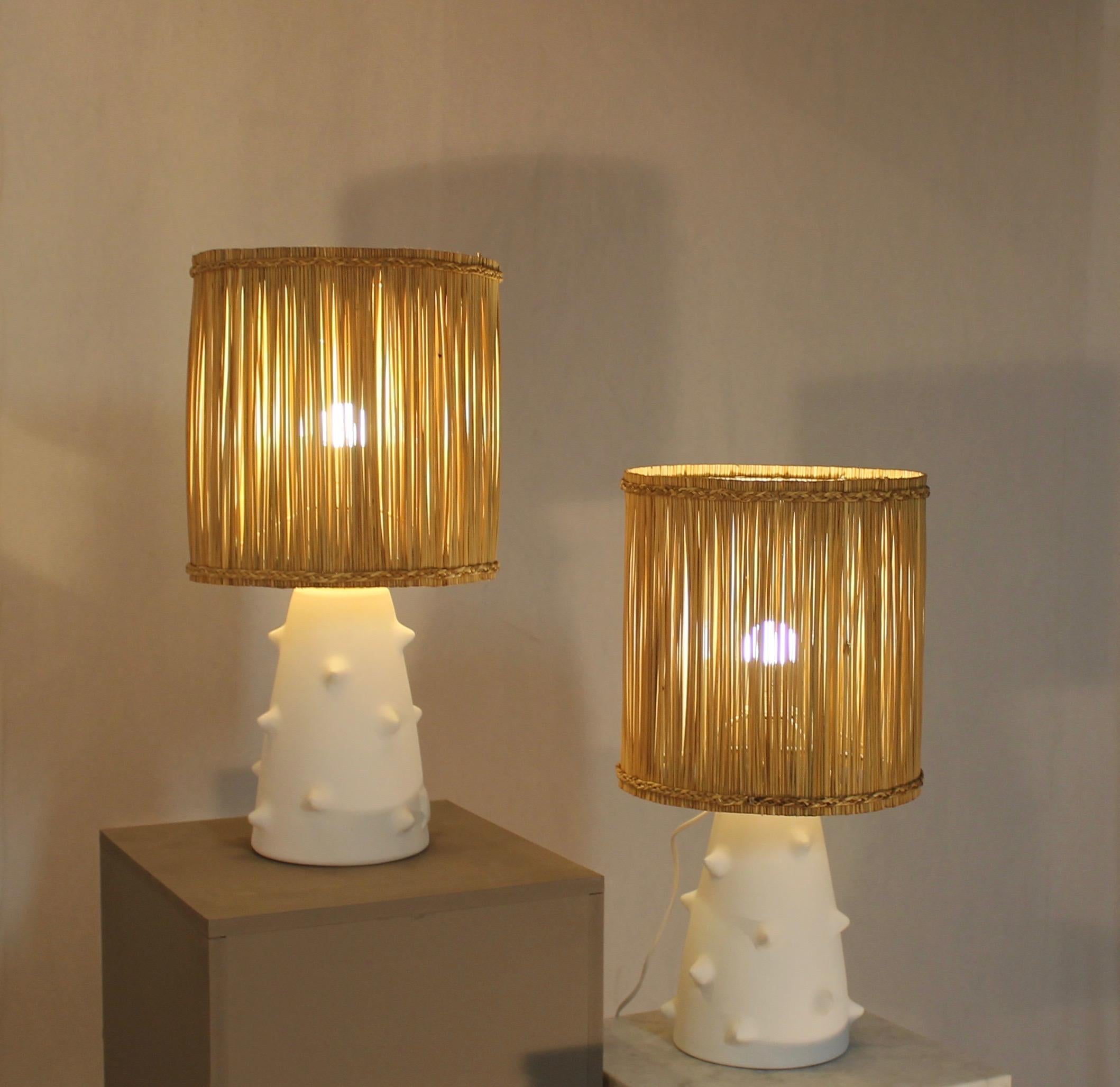 Beaux Arts Pair of Plaster Lamps with Raffia Shades For Sale