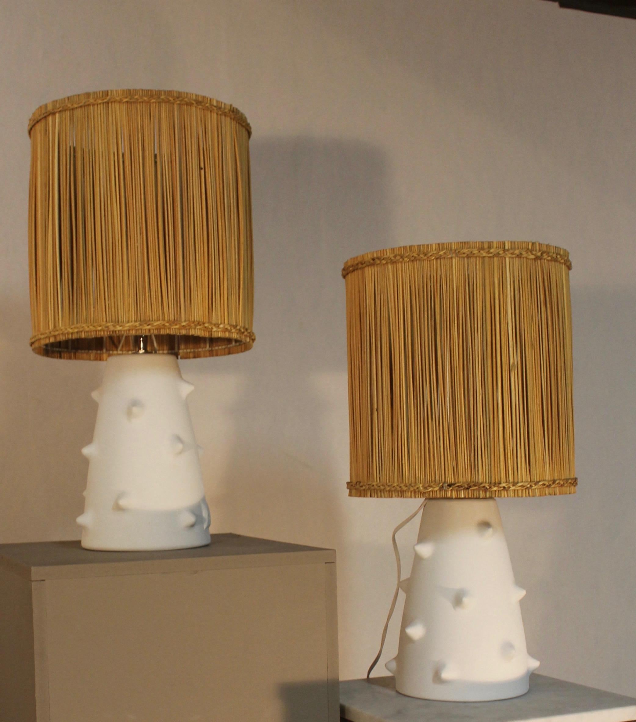 French Pair of Plaster Lamps with Raffia Shades For Sale