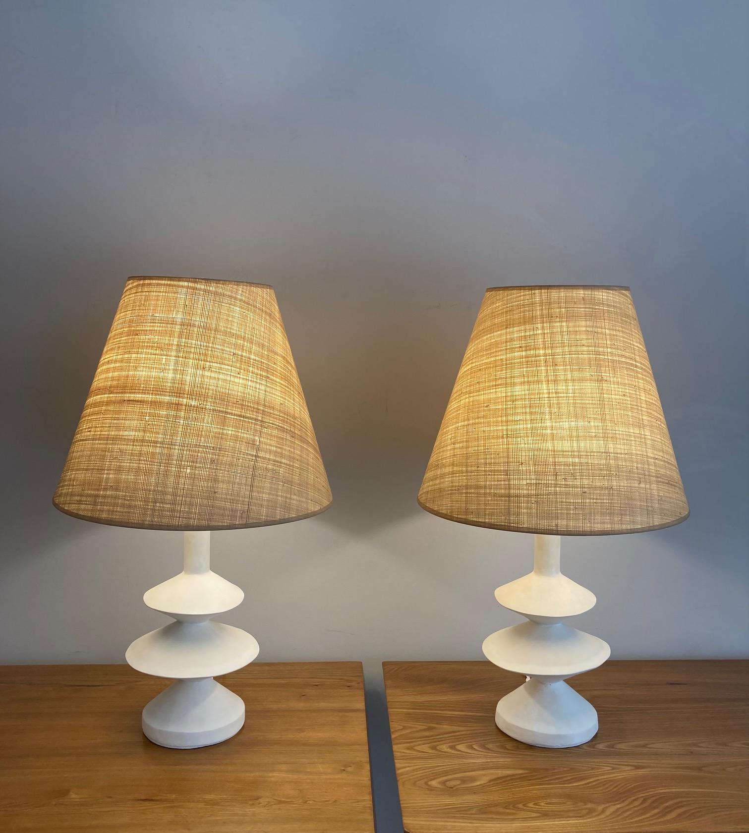 French Pair of Plaster Lamps with Raffia Shades For Sale