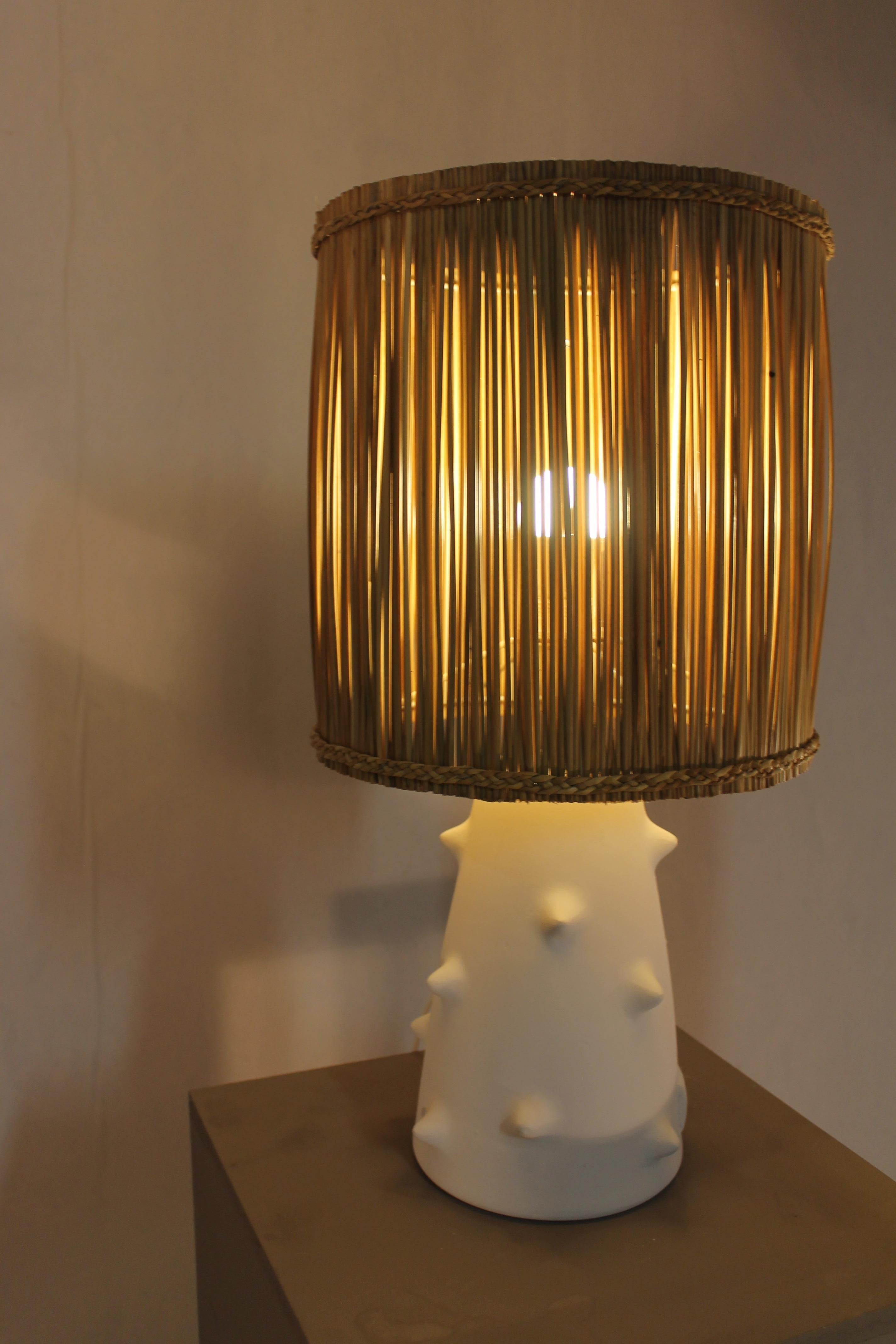 Hand-Crafted Pair of Plaster Lamps with Raffia Shades For Sale