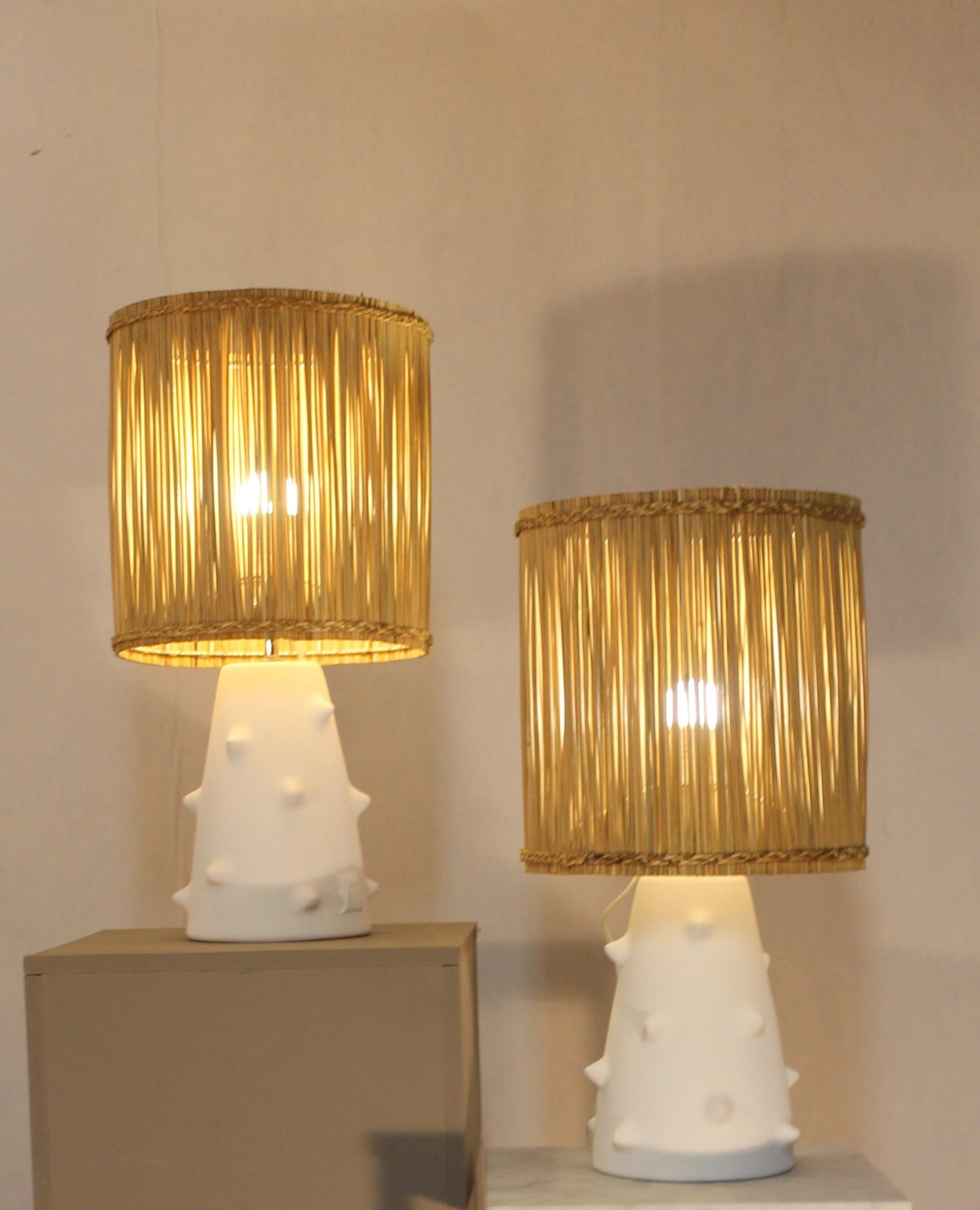 Pair of Plaster Lamps with Raffia Shades For Sale 1