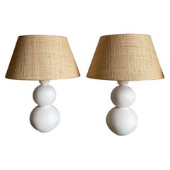 Pair of Plaster Lamps with Raffia Shades