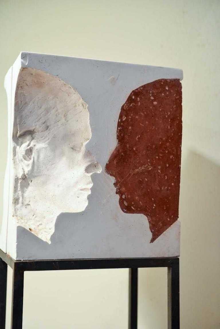 Pair of Plaster Relief Silhouette Sculptures on Steel Bases 6