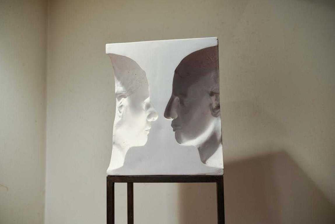 Pair of Plaster Relief Silhouette Sculptures on Steel Bases 3
