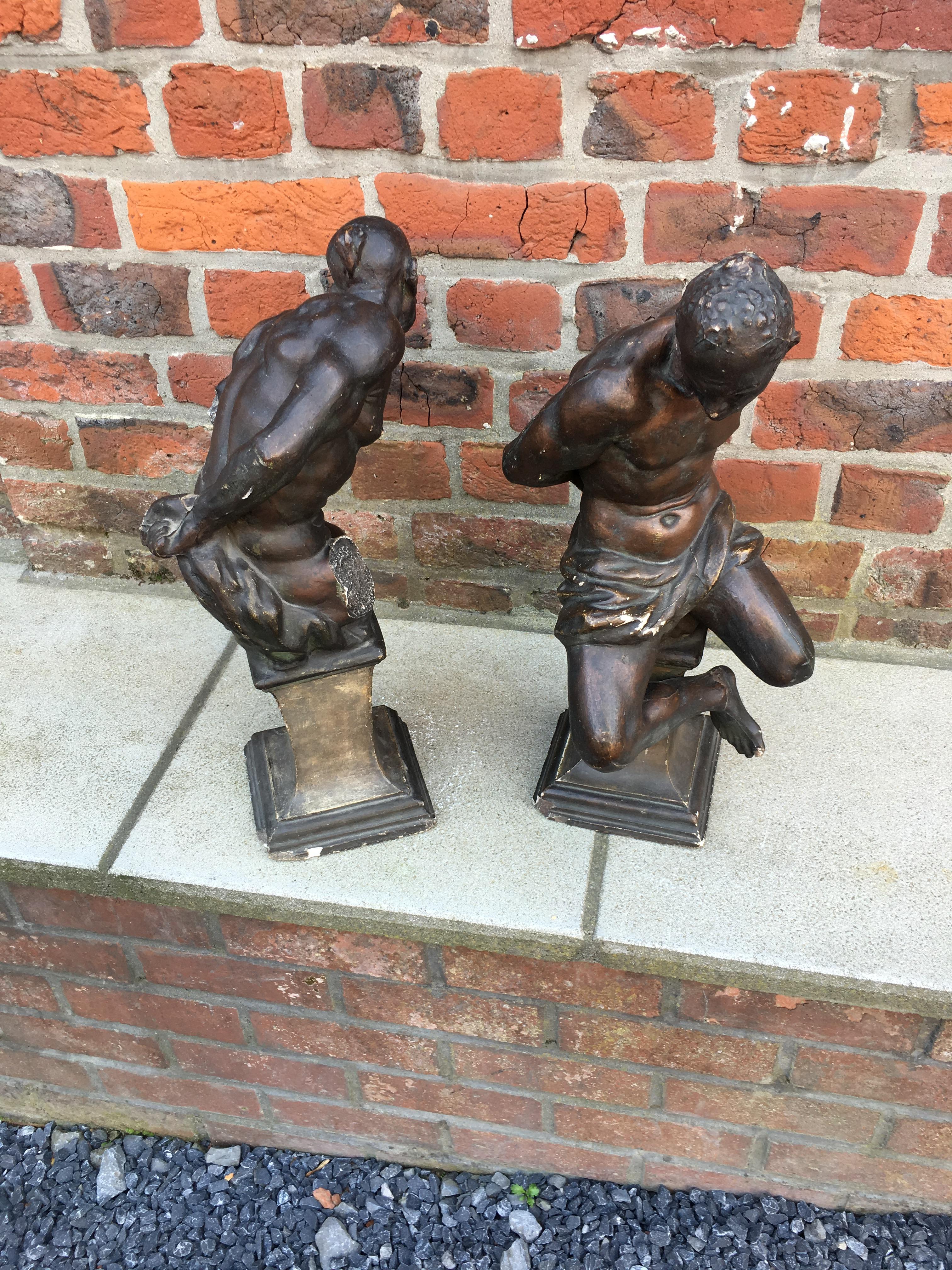 Pair of Plaster Slaves with Bronze Patina, Many Losses and Flaws For Sale 7