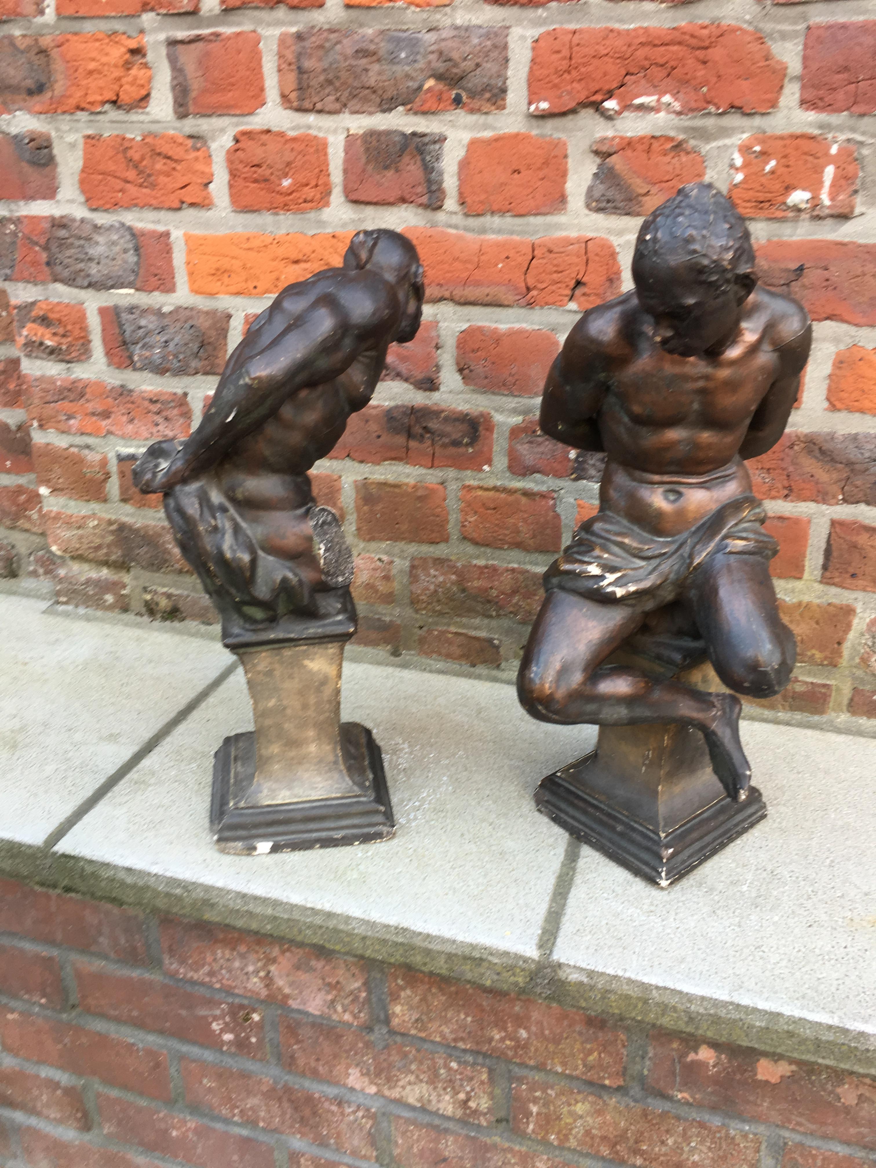 Pair of Plaster Slaves with Bronze Patina, Many Losses and Flaws For Sale 9