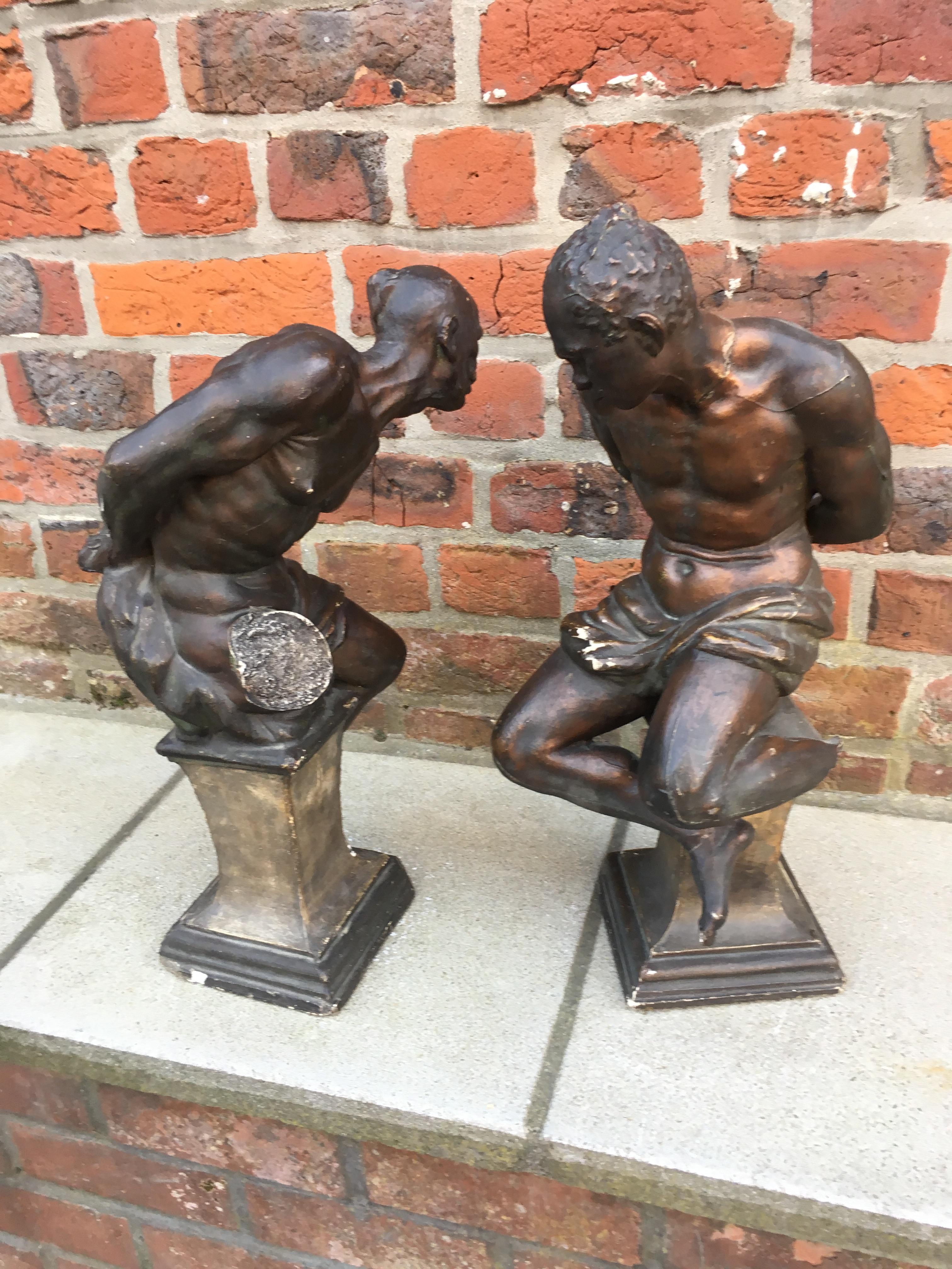 Pair of Plaster Slaves with Bronze Patina, Many Losses and Flaws For Sale 10