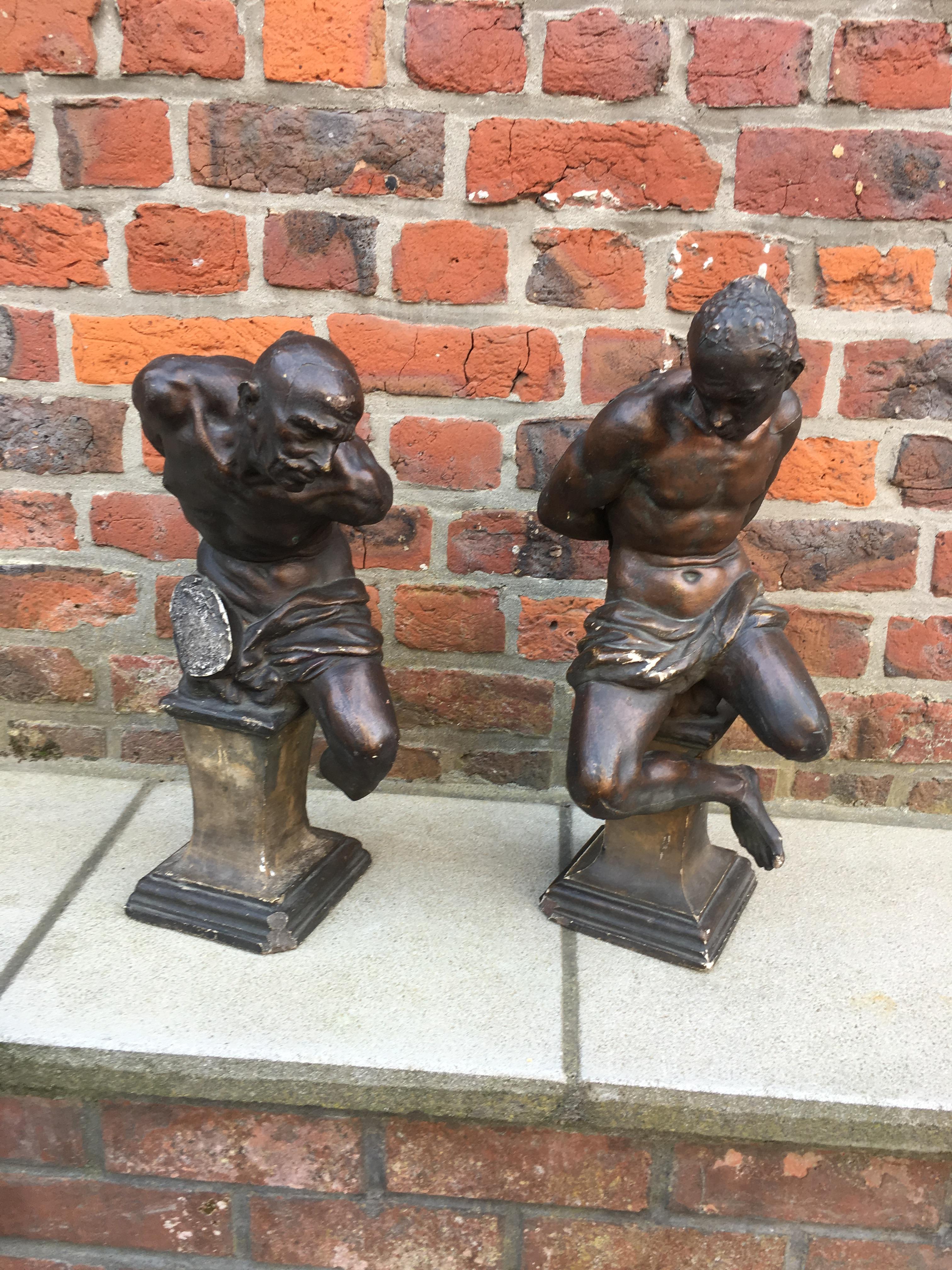 19th Century Pair of Plaster Slaves with Bronze Patina, Many Losses and Flaws For Sale