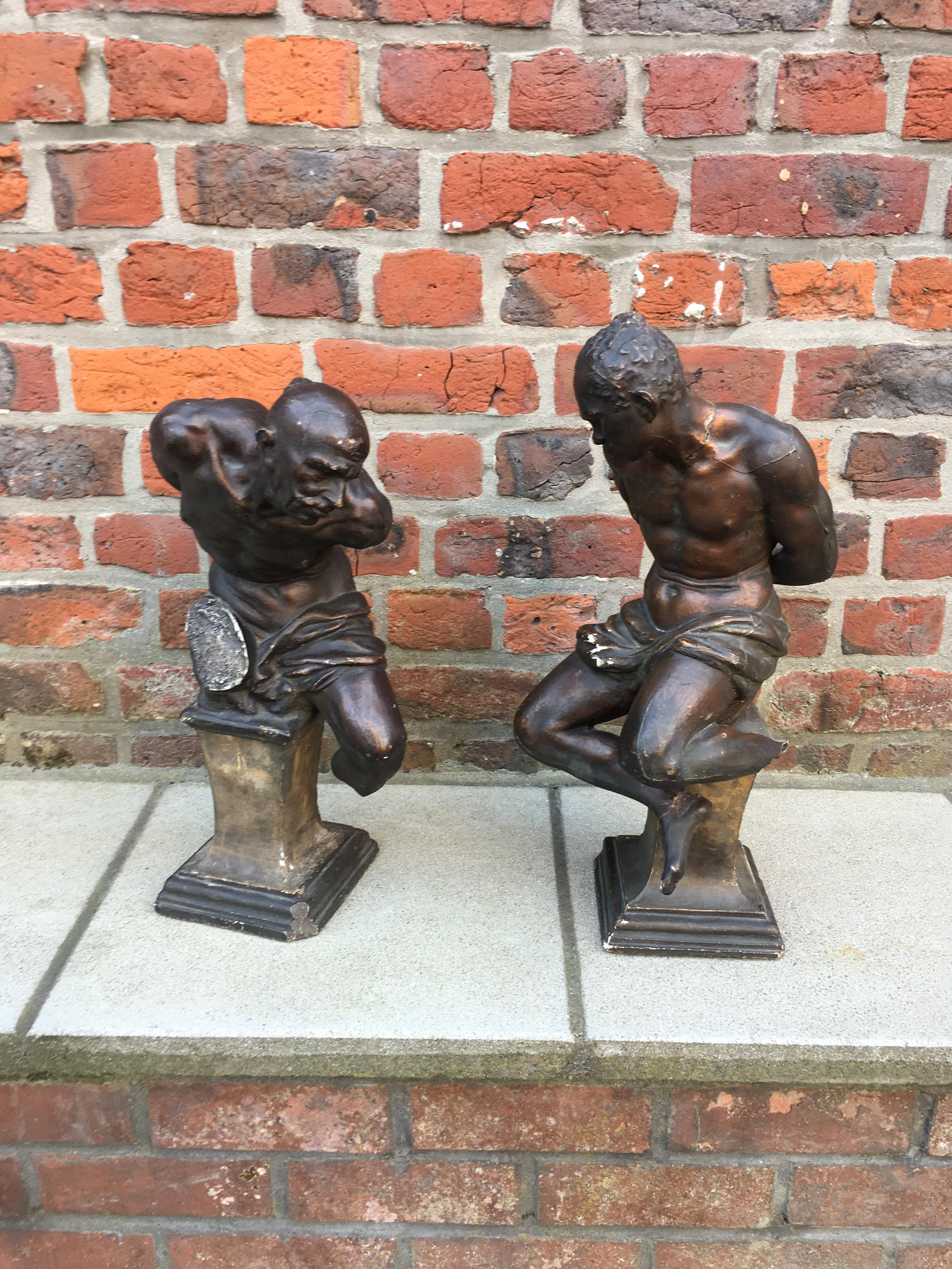 Pair of Plaster Slaves with Bronze Patina, Many Losses and Flaws For Sale 2