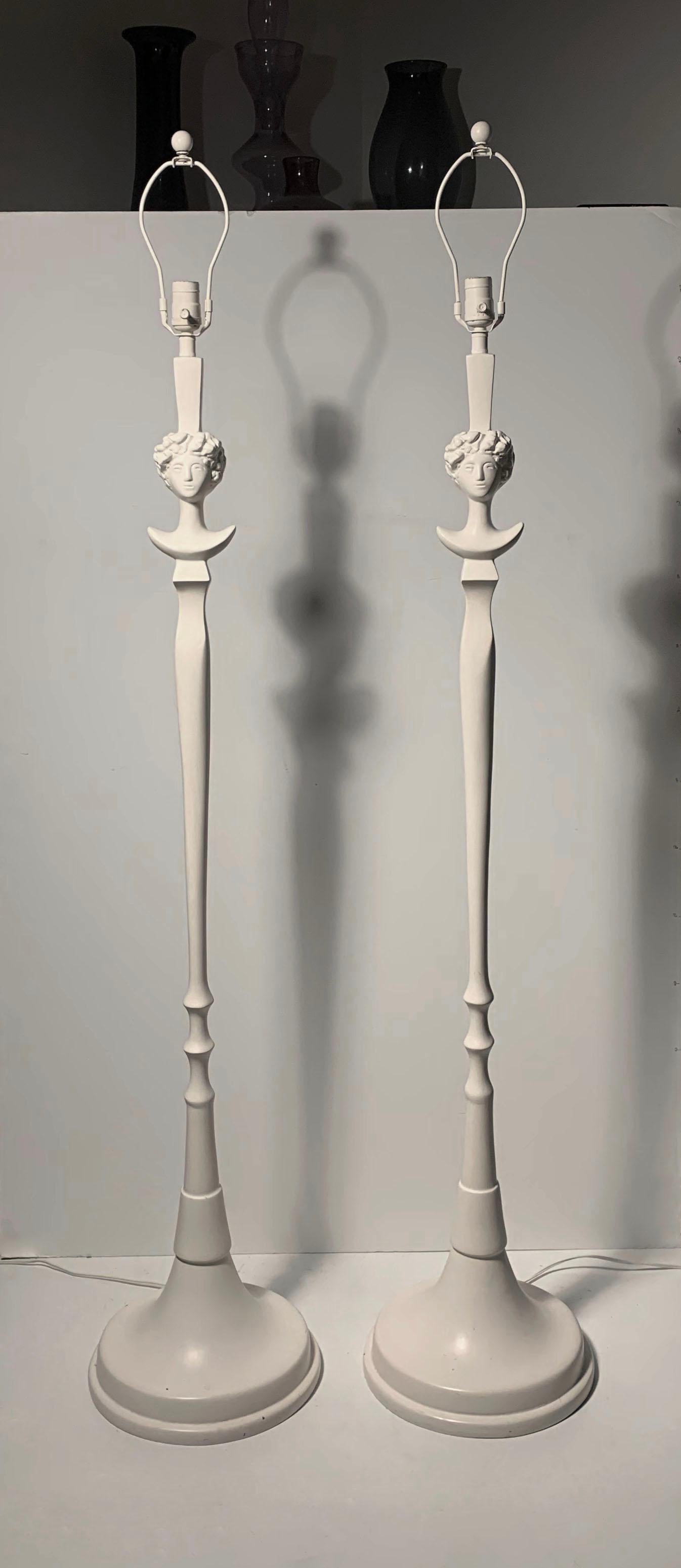 Greek Revival Pair of Plaster Tete De Femme Floor Lamps by Sirmos After Giacometti