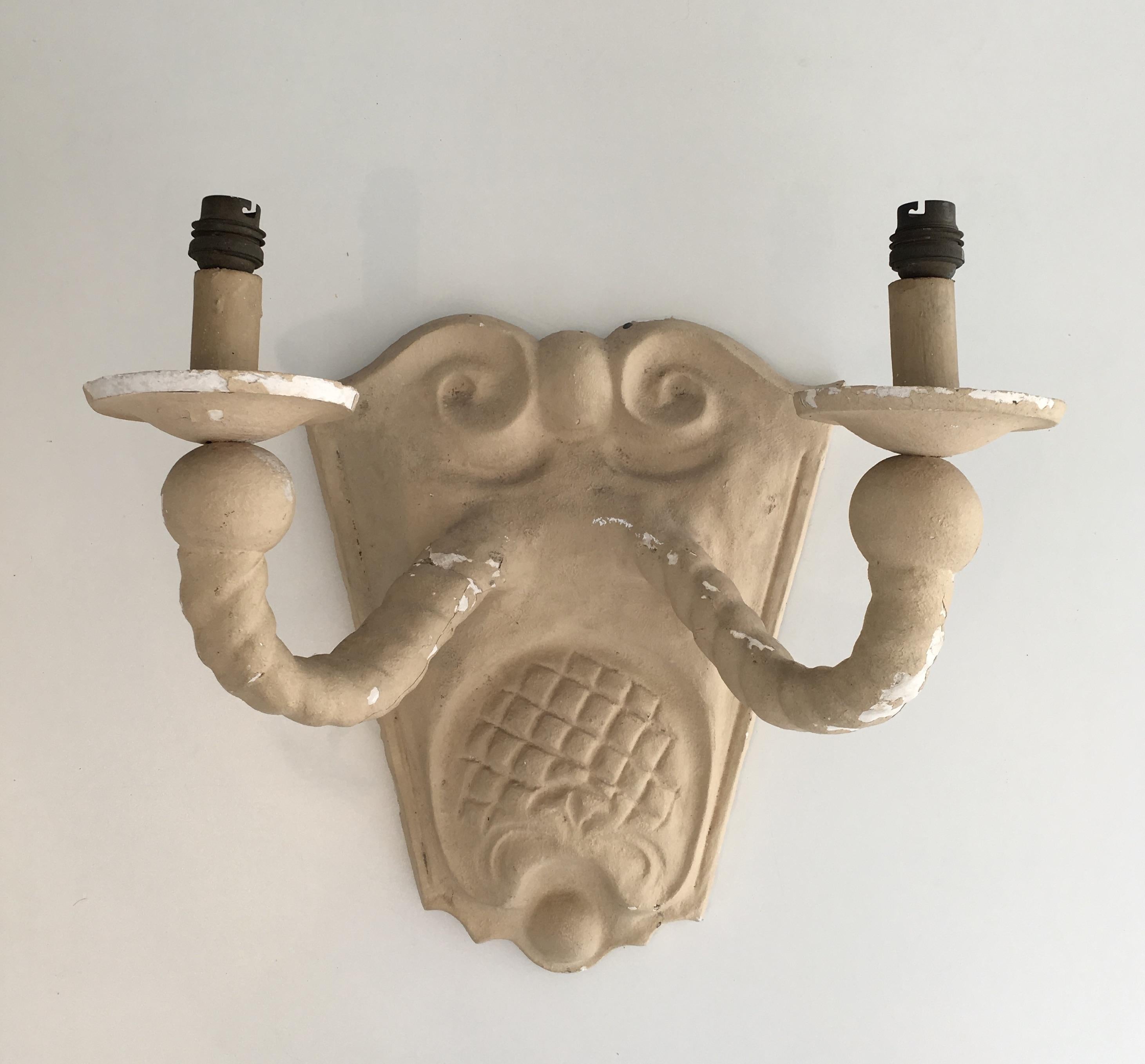 Mid-20th Century Pair of Plaster Wall Sconces, French, circa 1940 For Sale