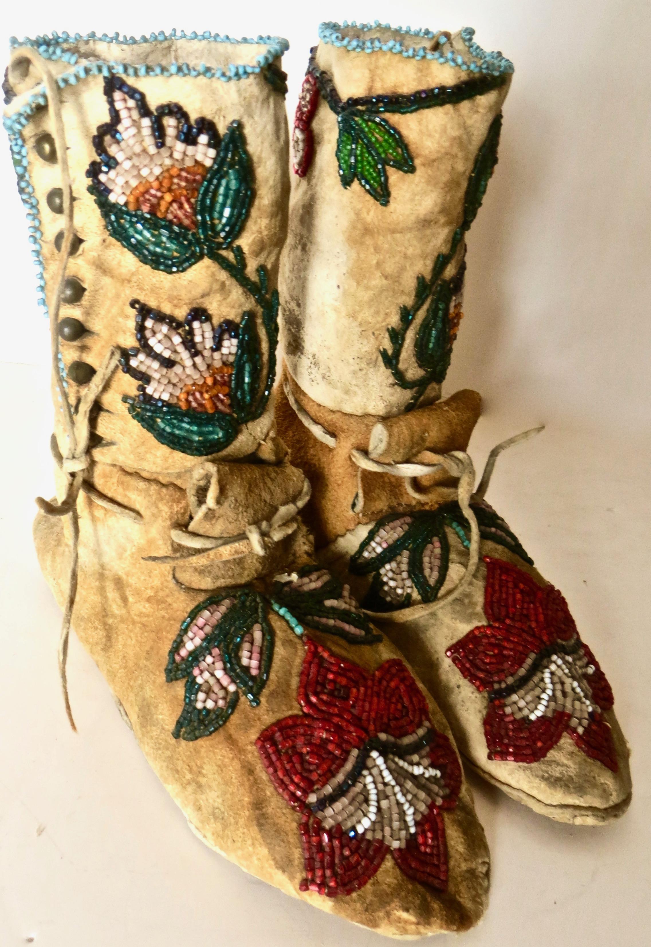 American Pair of Plateau Beaded Child's High Top Moccasins, circa 1890