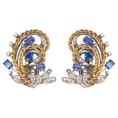 Pair of Platinum, 18K Gold, Sapphire and Diamond Ear Clips