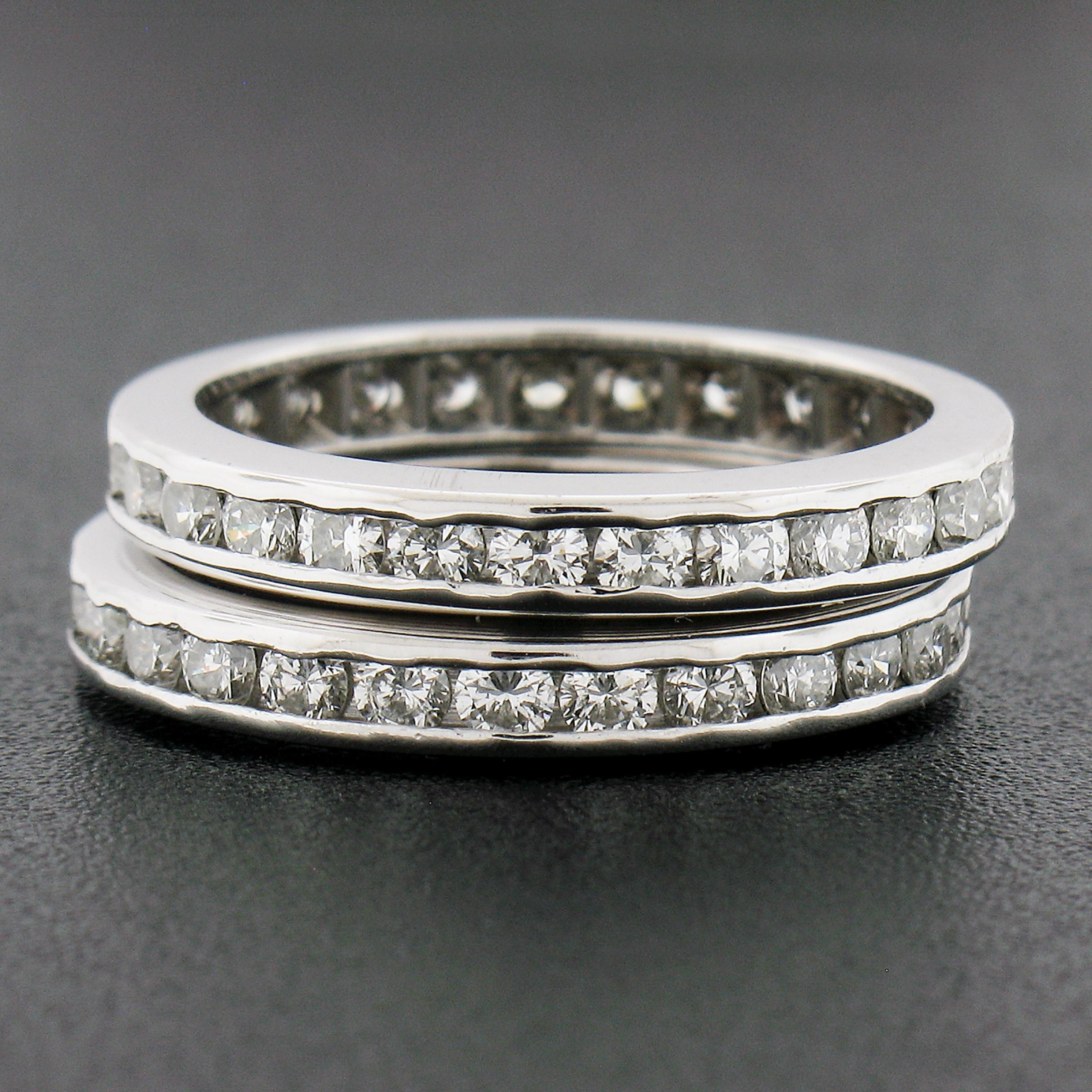 Women's Pair of Platinum 2ctw Channel Set Round Brilliant Diamond Band Stack Guard Rings For Sale