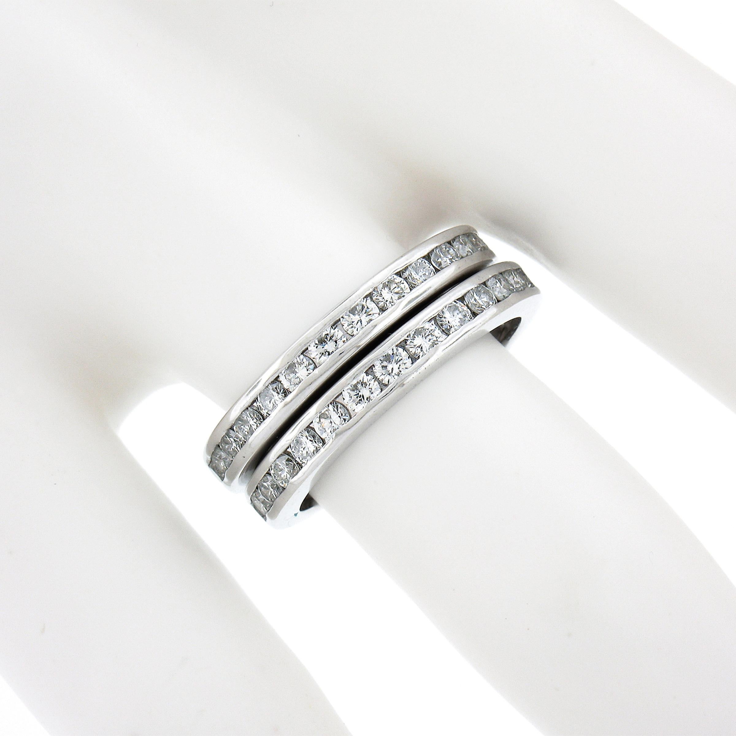 Pair of Platinum 2ctw Channel Set Round Brilliant Diamond Band Stack Guard Rings For Sale 1