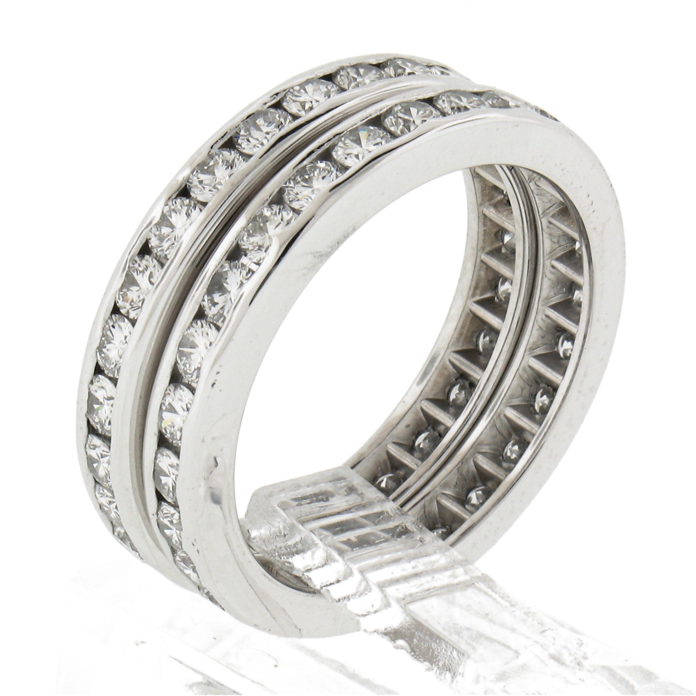 Pair of Platinum 2ctw Channel Set Round Brilliant Diamond Band Stack Guard Rings For Sale 3