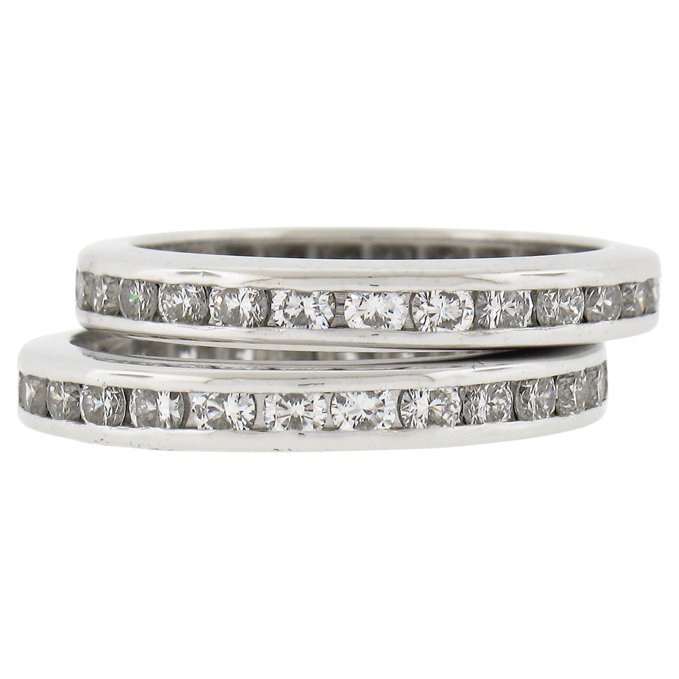 Pair of Platinum 2ctw Channel Set Round Brilliant Diamond Band Stack Guard Rings For Sale