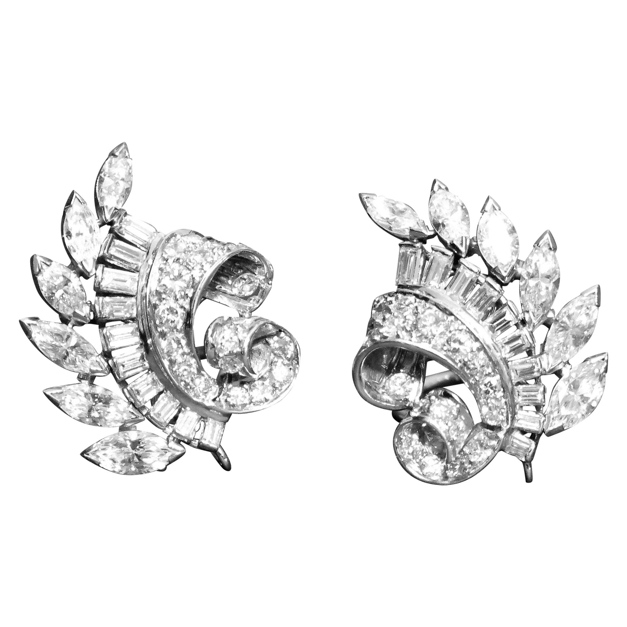 Pair of Platinum and Diamond Ear Clips For Sale
