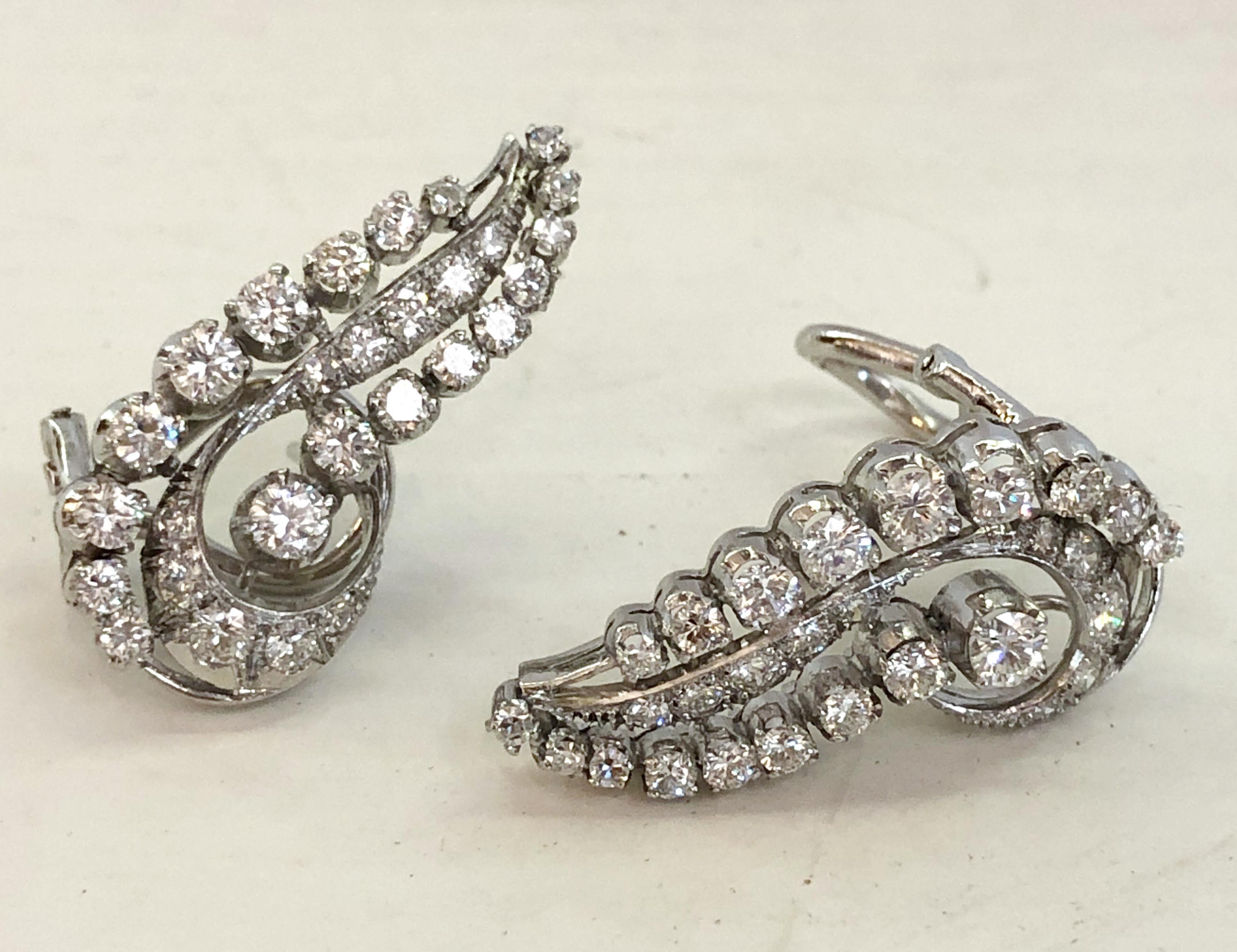 Brilliant Cut Pair of Platinum and Diamond Earrings For Sale