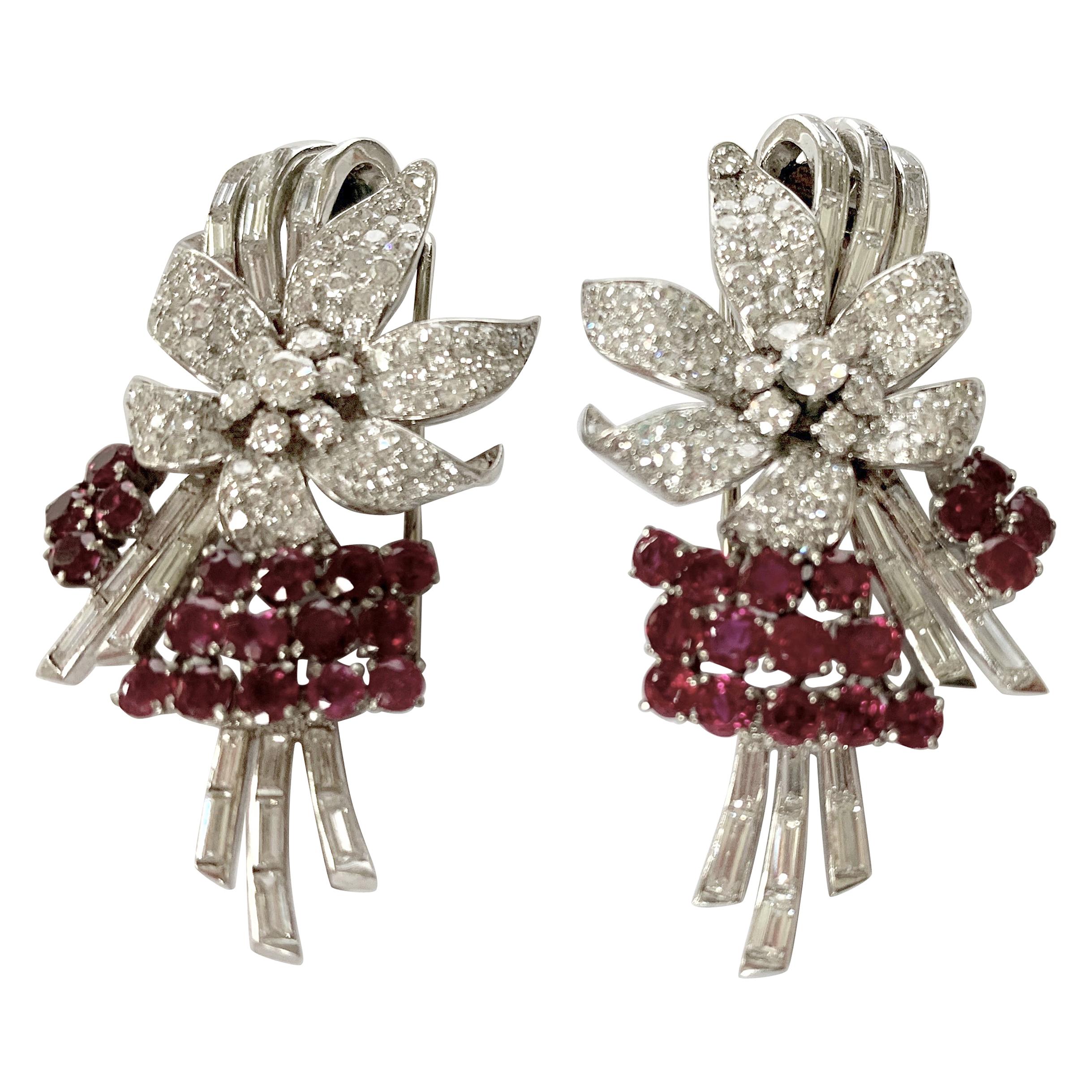 Pair of Platinum Diamond and Ruby Clip Brooches, circa 1950