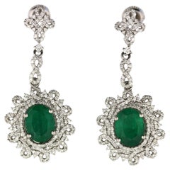 Pair of Platinum Emerald and Diamond Drop Earrings