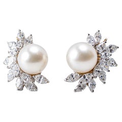 Pair of Platinum, South Sea Pearl, and Diamond Ear Clips