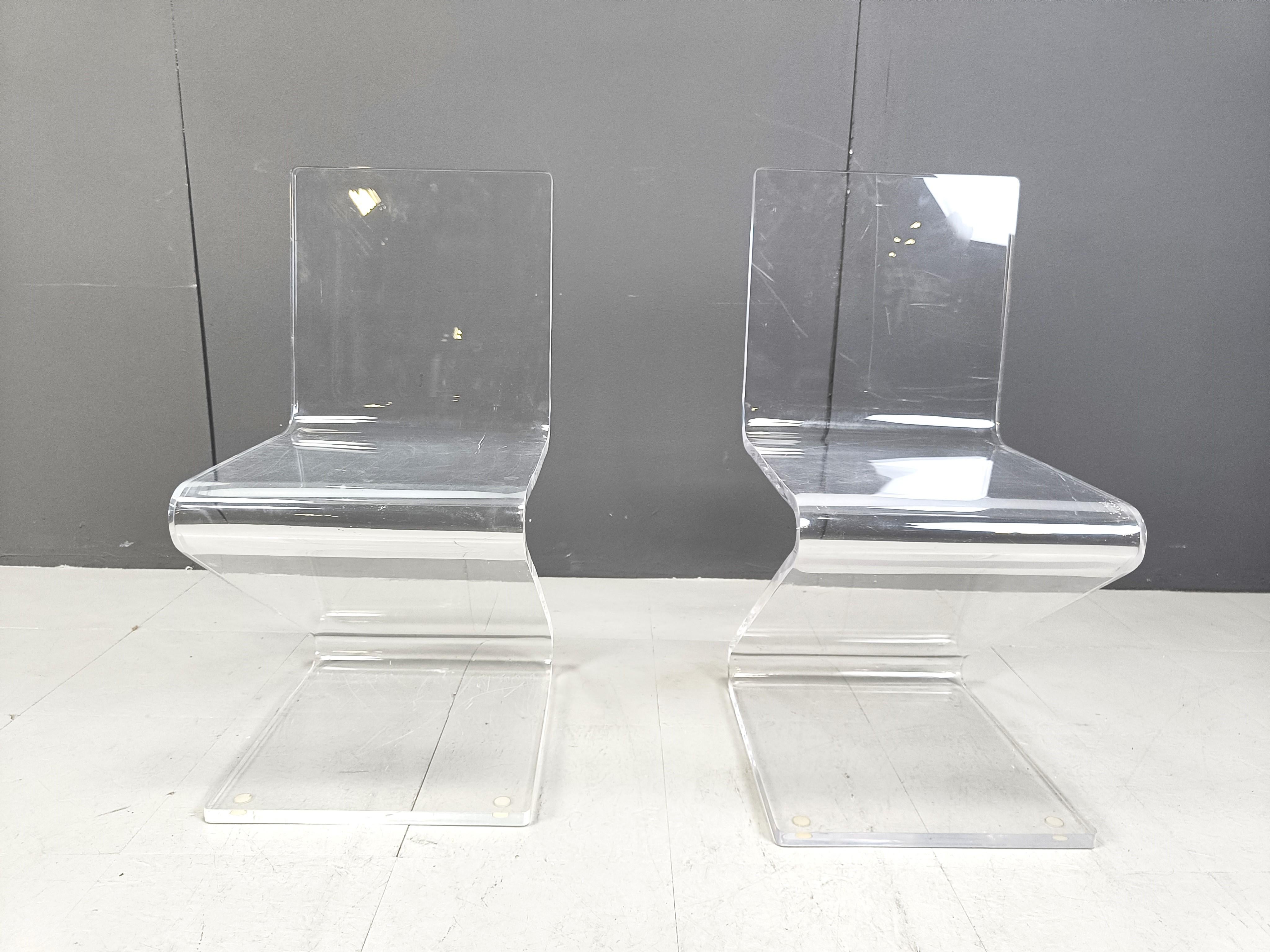 Belgian Pair of plexi Zigzag dining chairs, 1980s