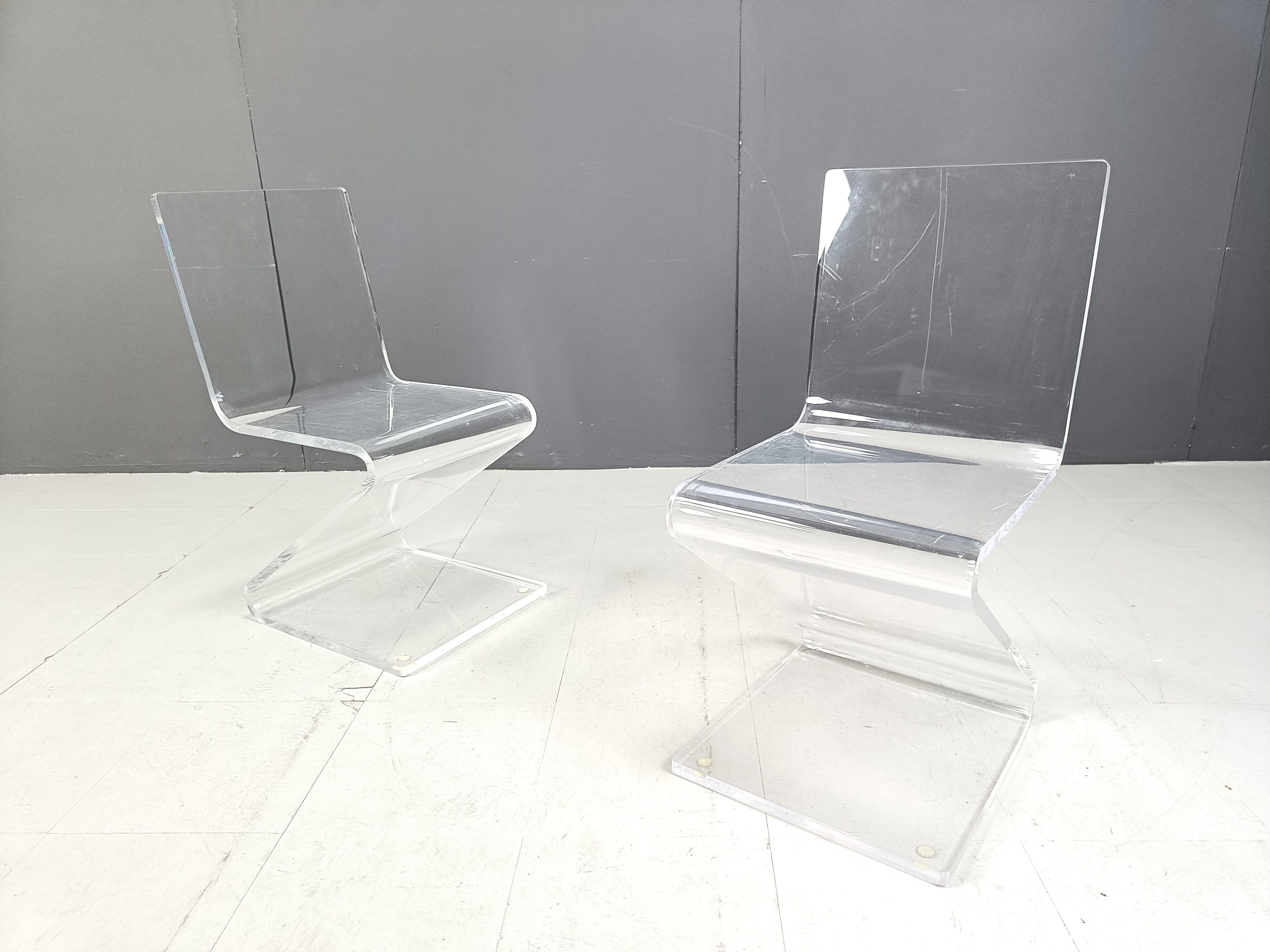 Plexiglass Pair of plexi Zigzag dining chairs, 1980s