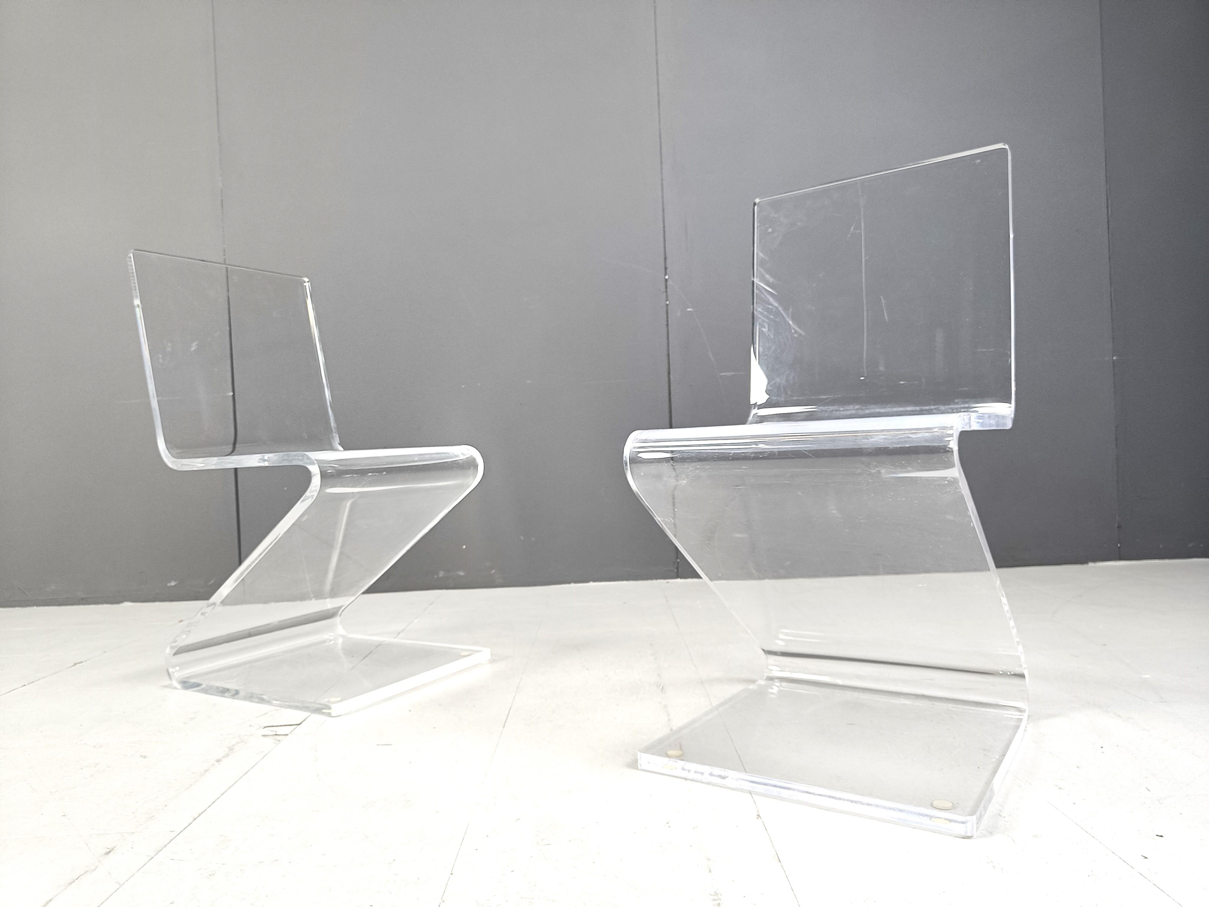 Pair of plexi Zigzag dining chairs, 1980s 1