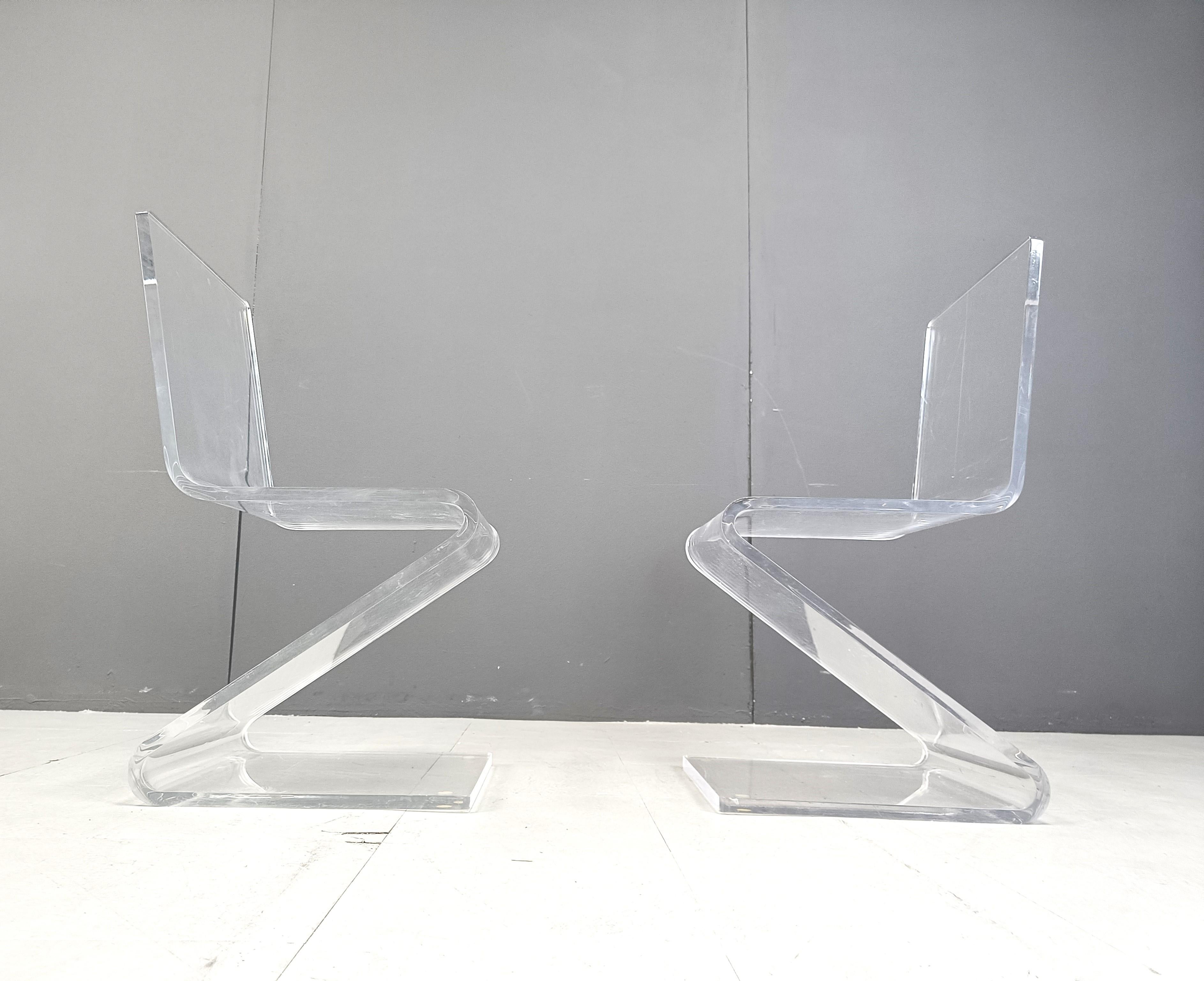 Pair of plexi Zigzag dining chairs, 1980s 2