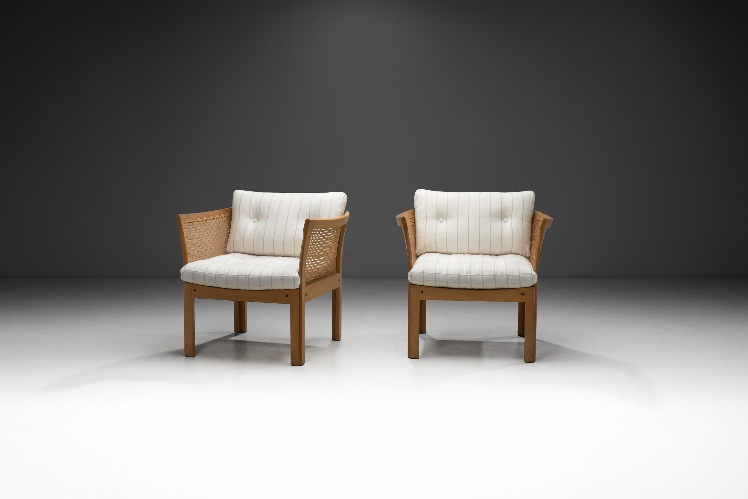 Mid-Century Modern Pair of “Plexus” Oak and Cane Easy Chairs by Illum Wikkelsø, Denmark circa 1970s For Sale