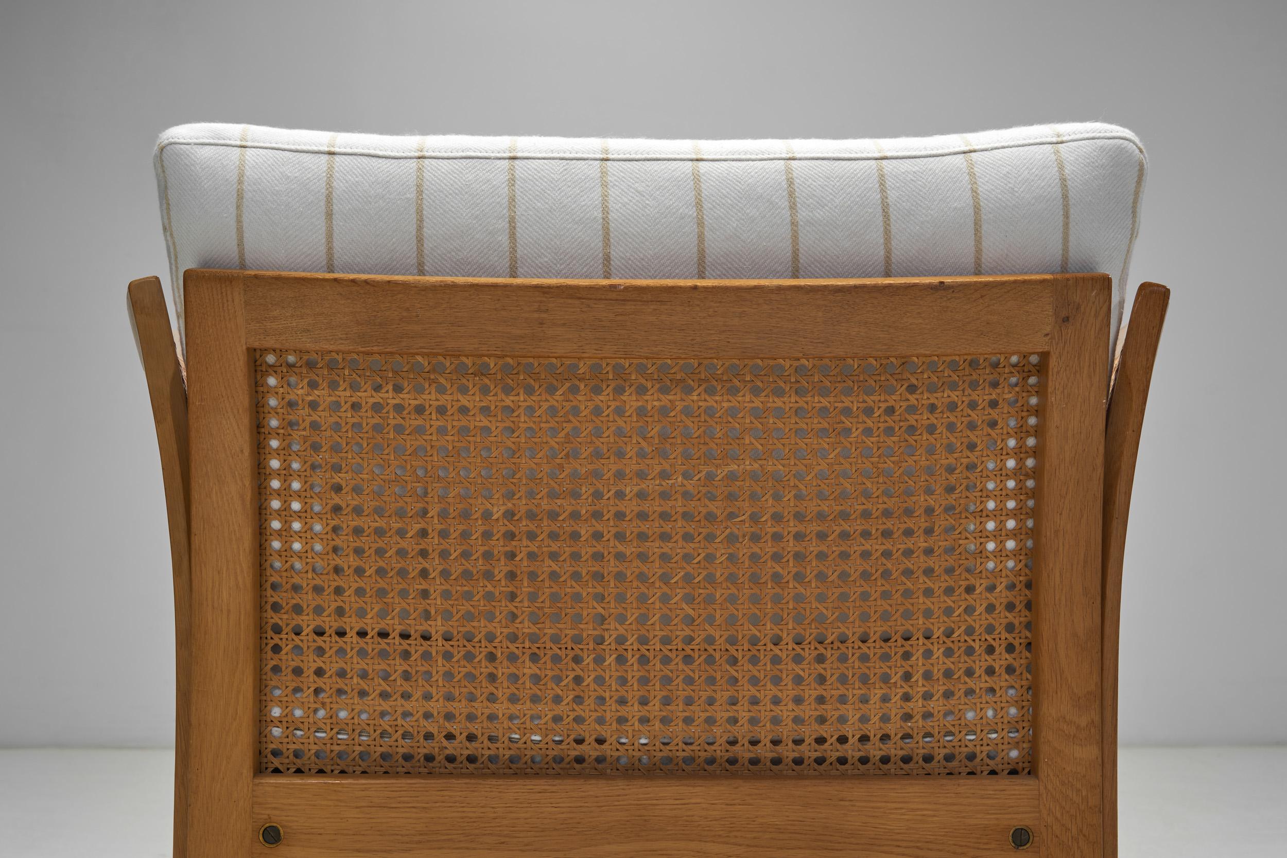 Fabric Pair of “Plexus” Oak and Cane Easy Chairs by Illum Wikkelsø, Denmark circa 1970s For Sale