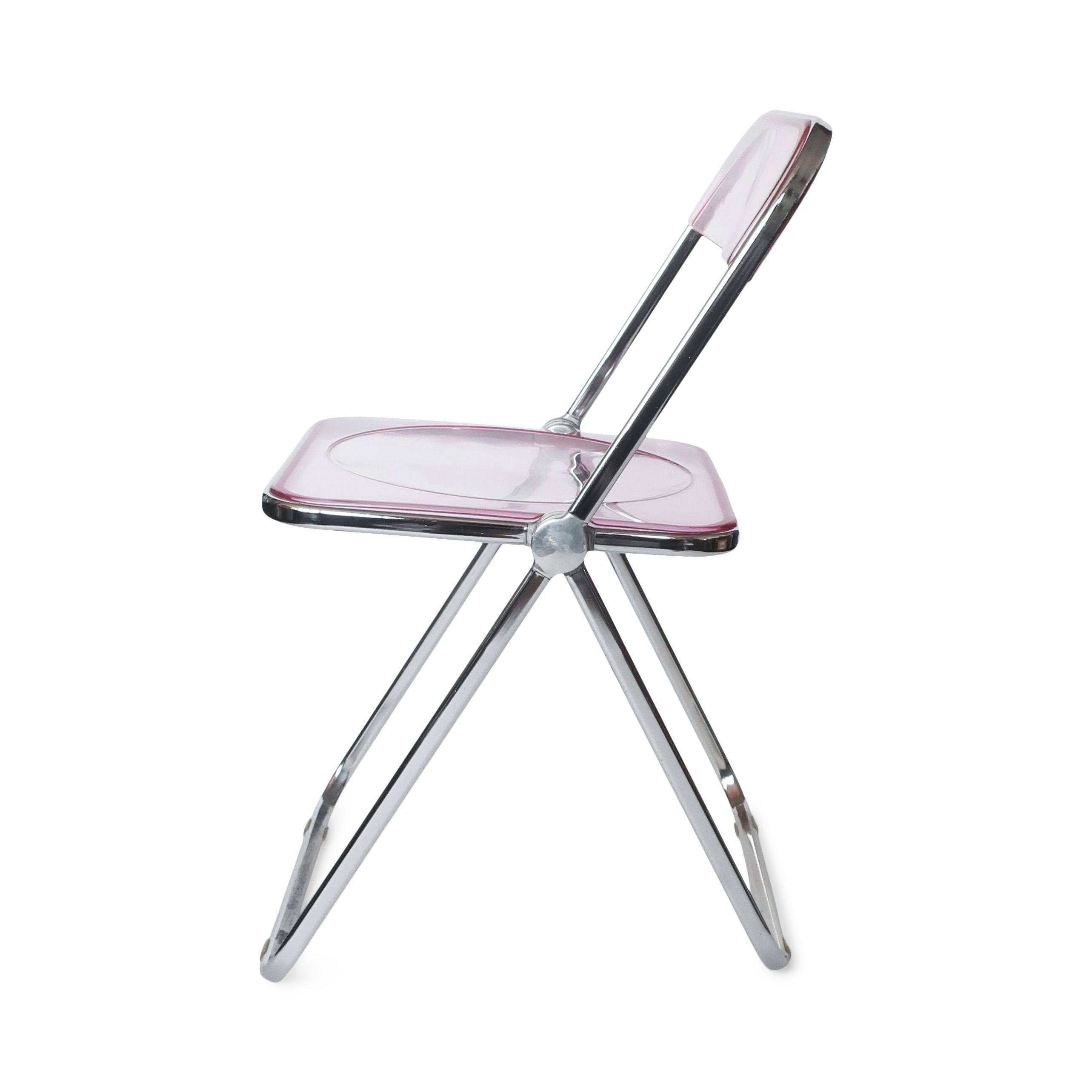 Chrome Pair of Plia Pink Folding Chairs by Giancarlo Piretti for Castelli