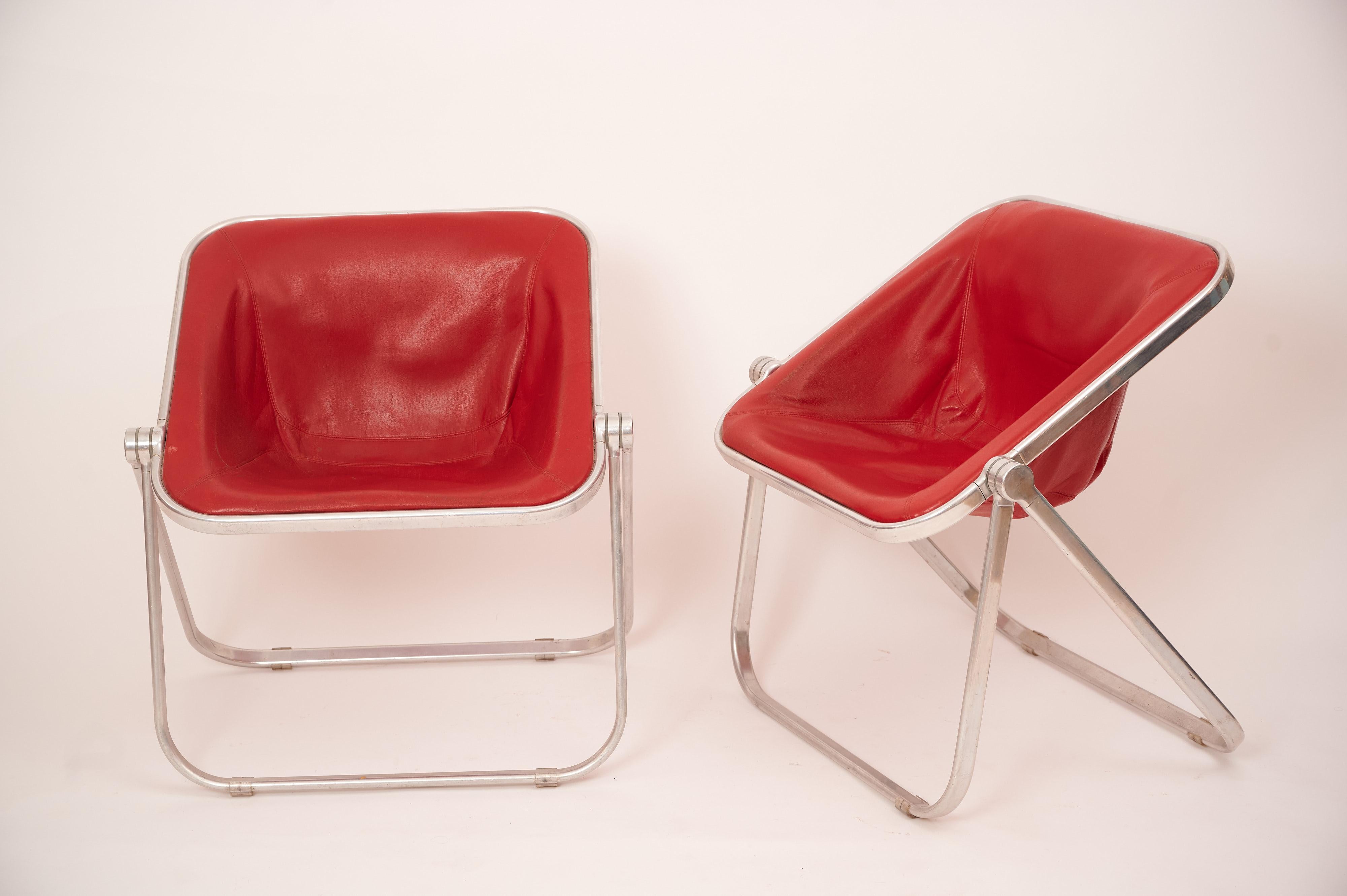 Mid-Century Modern Pair of Plona Chairs in Red Leather by Giancarlo Piretti