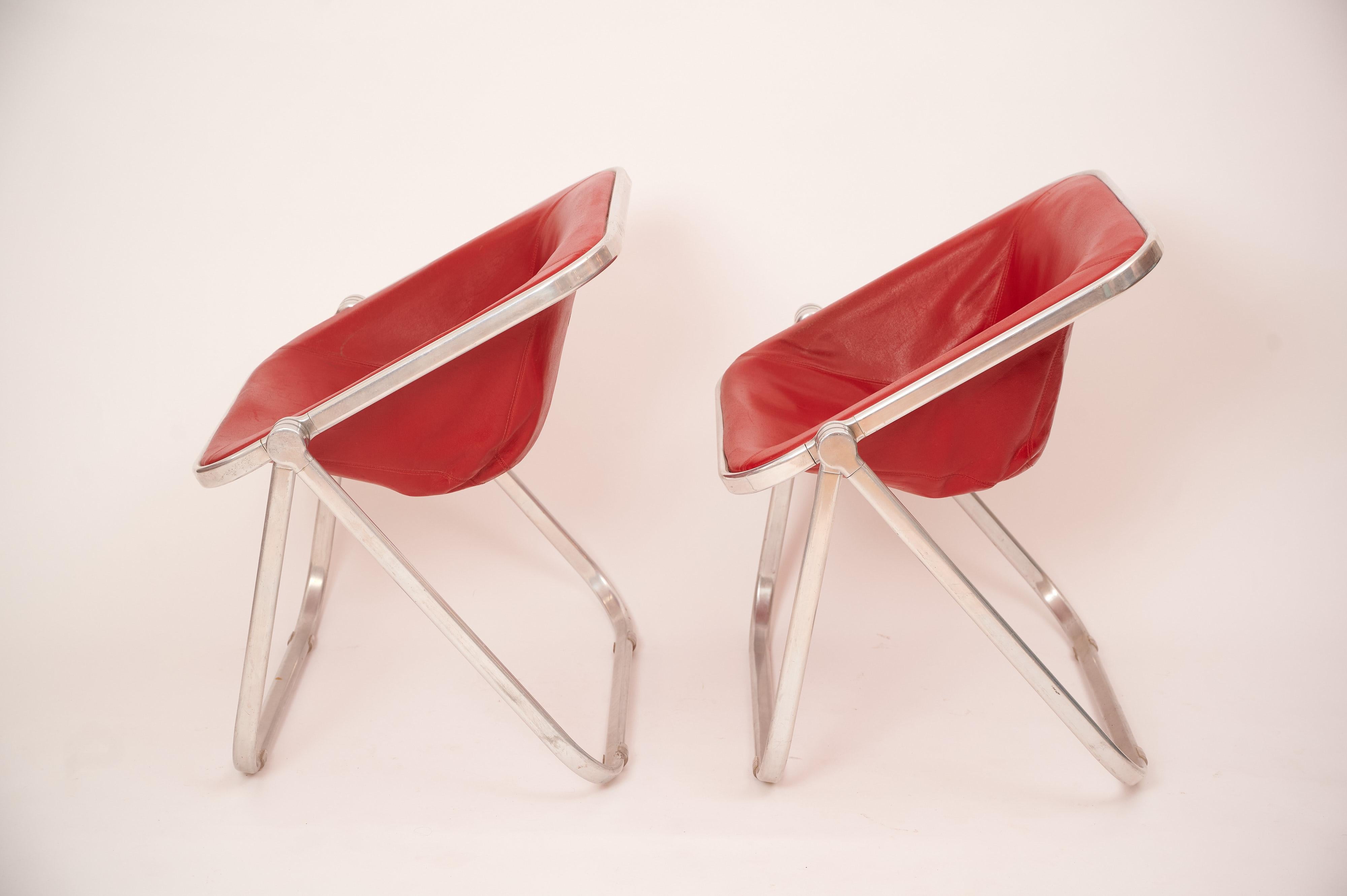 Italian Pair of Plona Chairs in Red Leather by Giancarlo Piretti