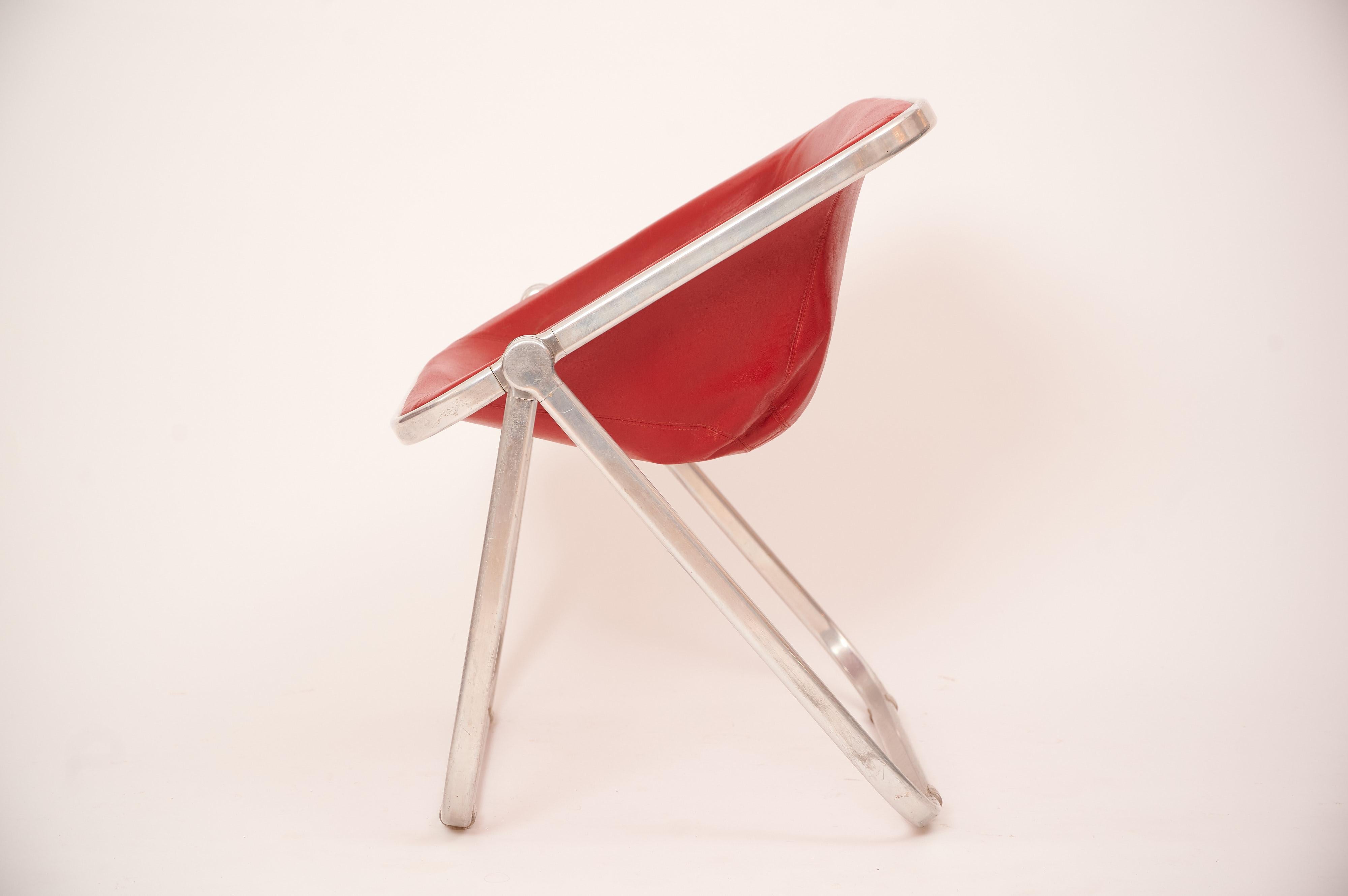 Aluminum Pair of Plona Chairs in Red Leather by Giancarlo Piretti