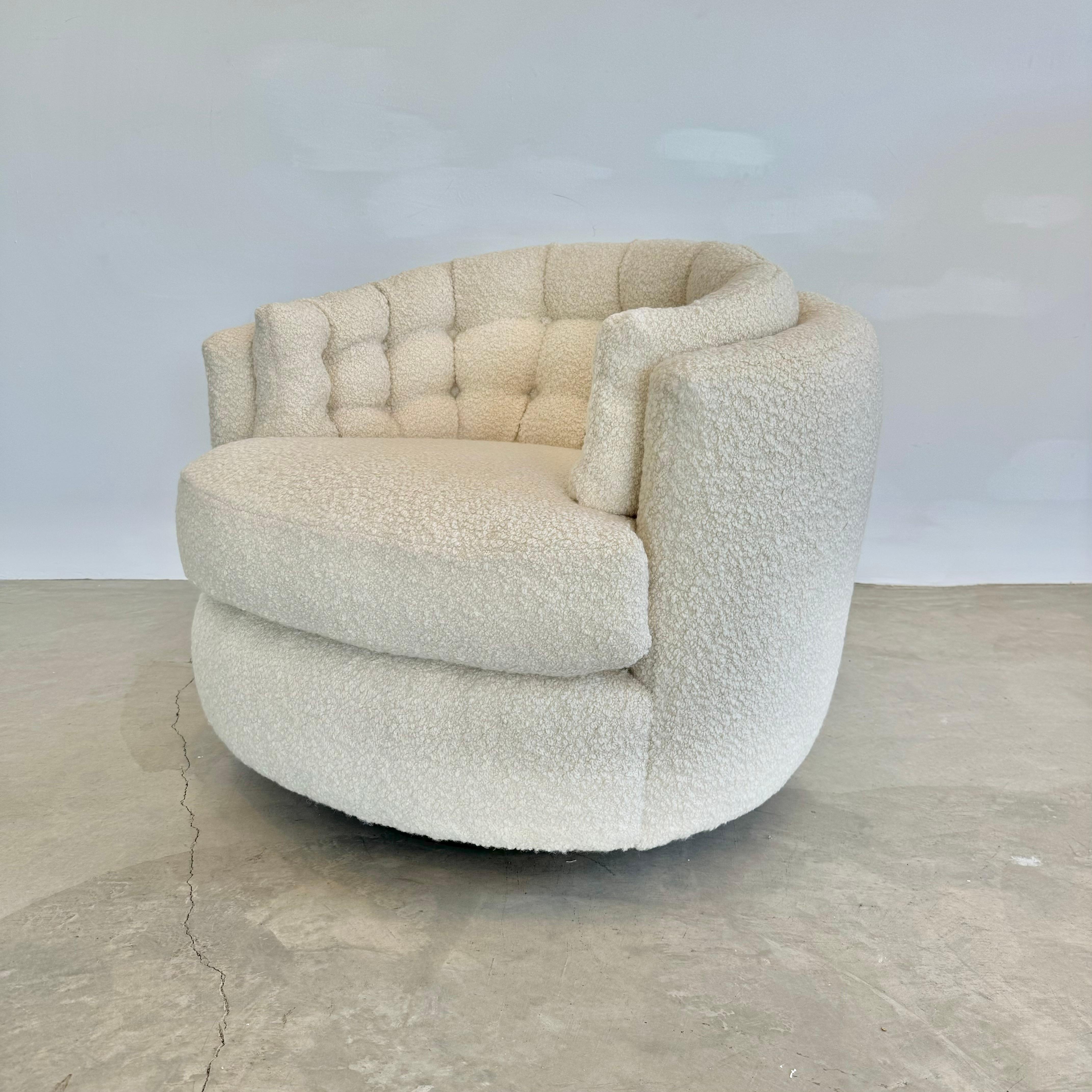 Wool Pair of Plush Boucle Swivel Club Chairs, 1970s USA