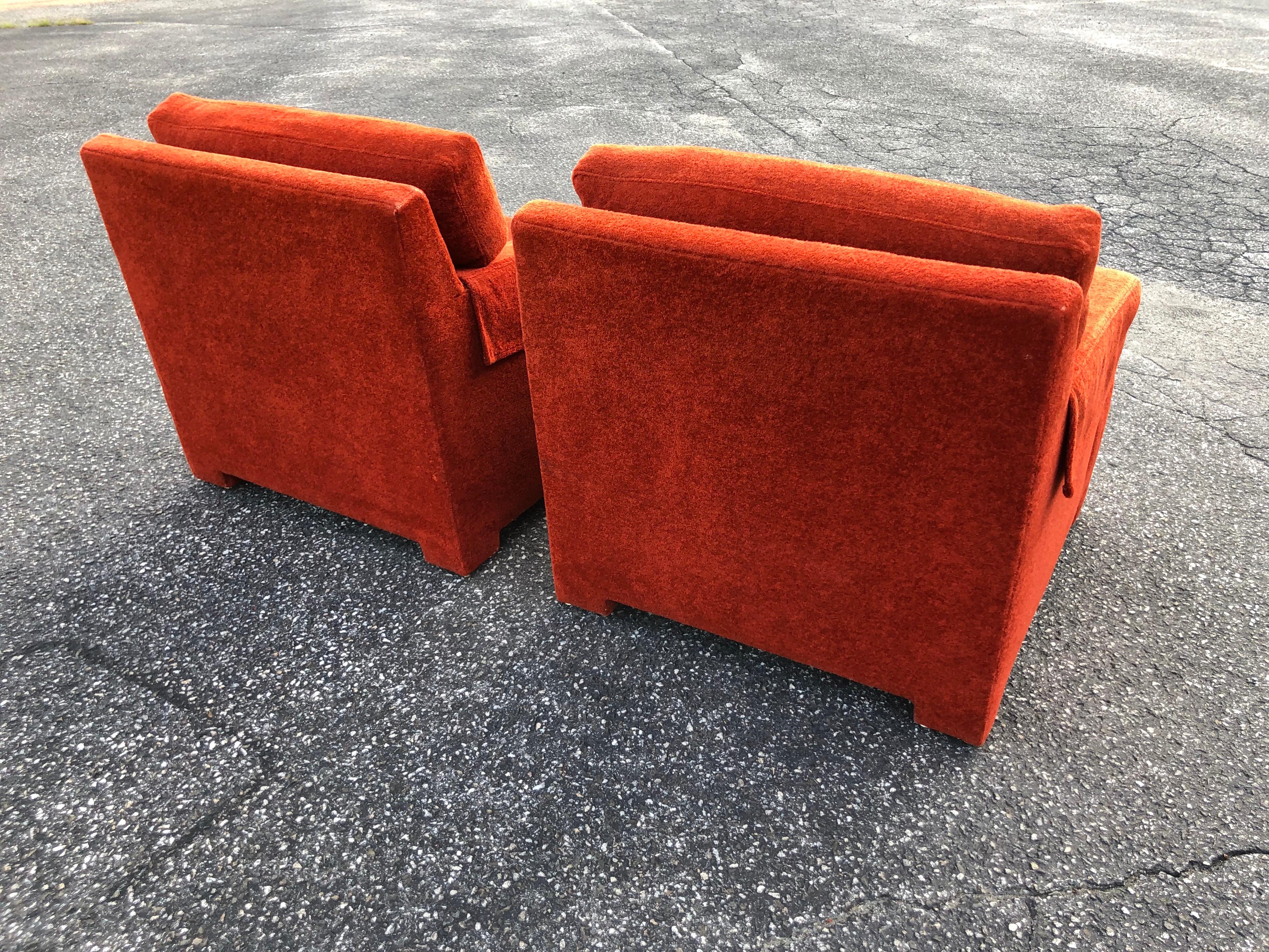 American Pair of Plush Edward Wormley for Dunbar Lounge Chairs in Orange Rust