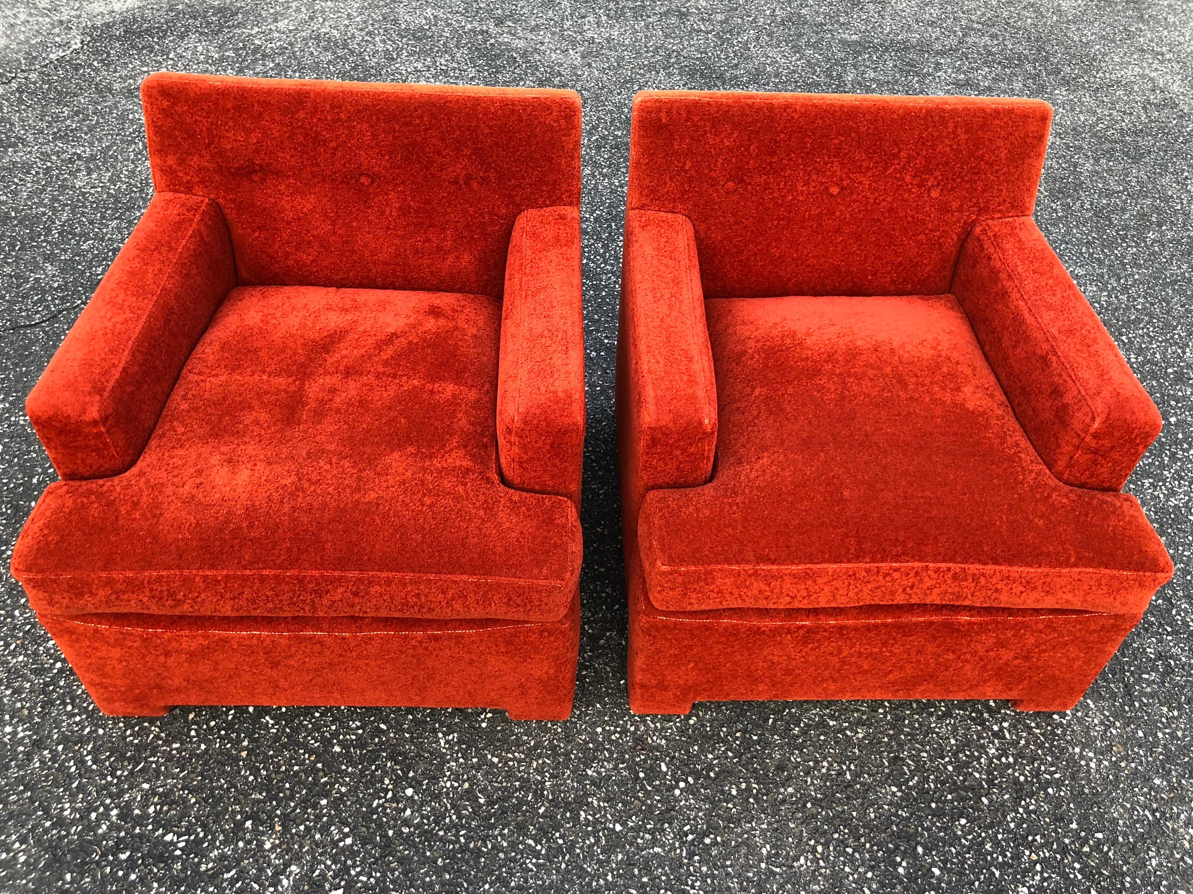 Upholstery Pair of Plush Edward Wormley for Dunbar Lounge Chairs in Orange Rust