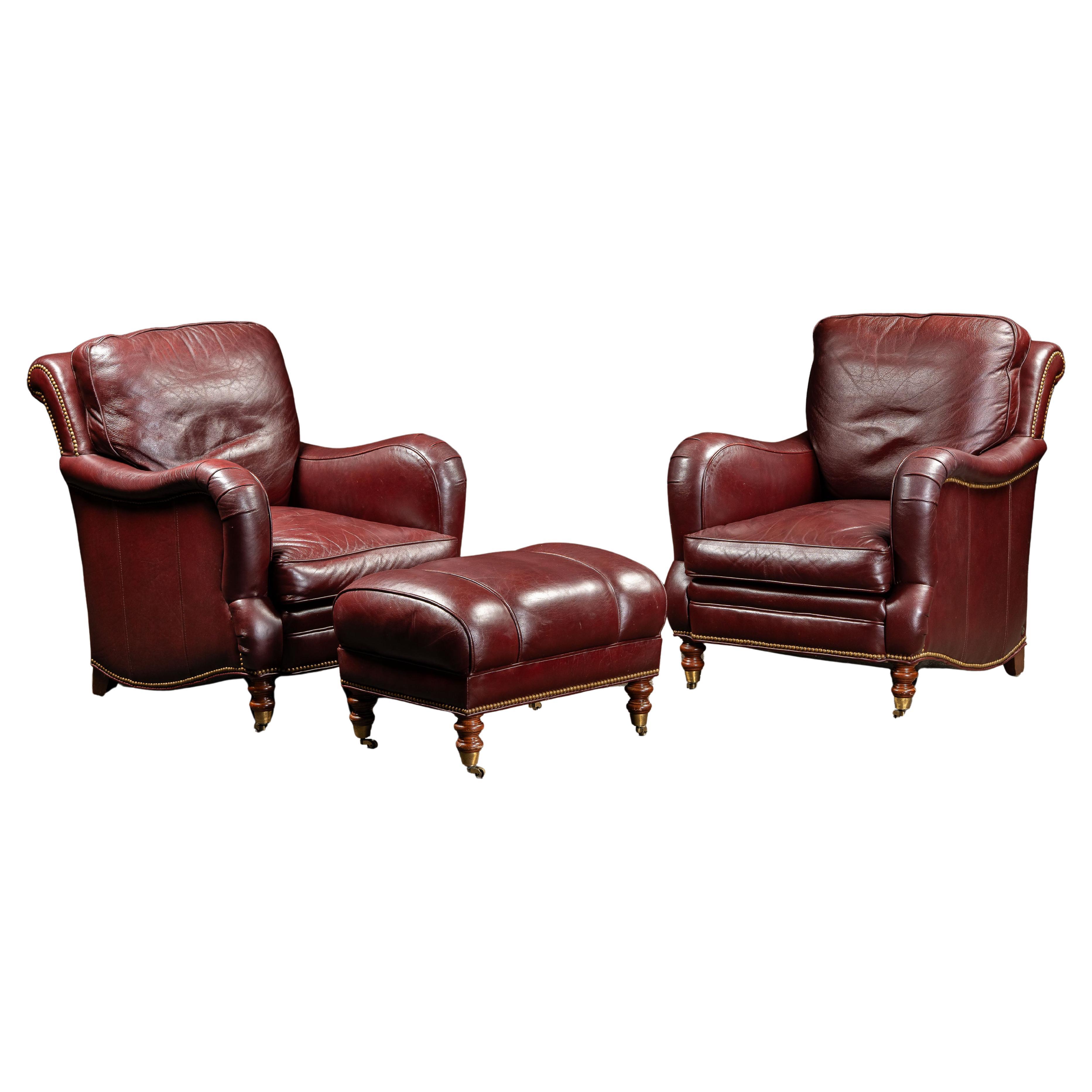 Pair of Plush Leather Armchairs with Ottoman in Burgundy