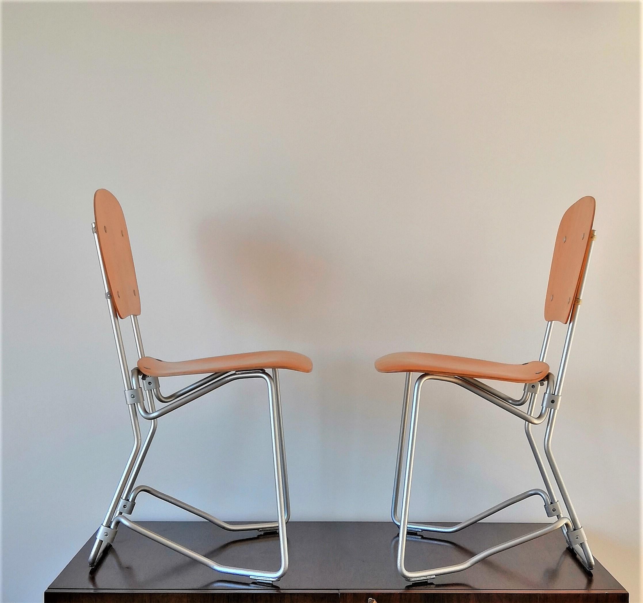Mid-20th Century Pair of Elm Plywood and Aluminum Stackable Chairs by Armin Wirth, 1950s