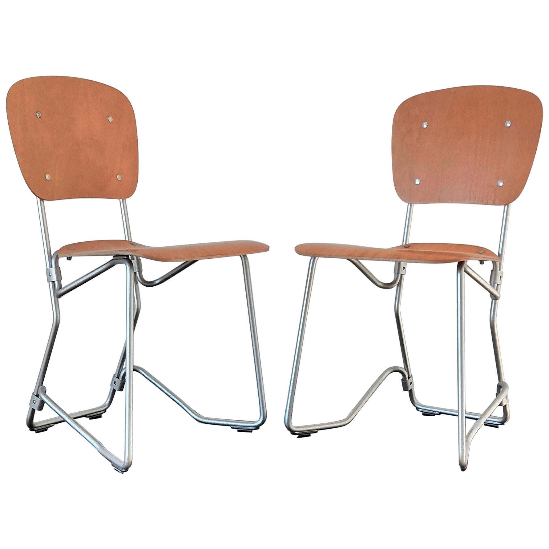 Pair of Elm Plywood and Aluminum Stackable Chairs by Armin Wirth, 1950s