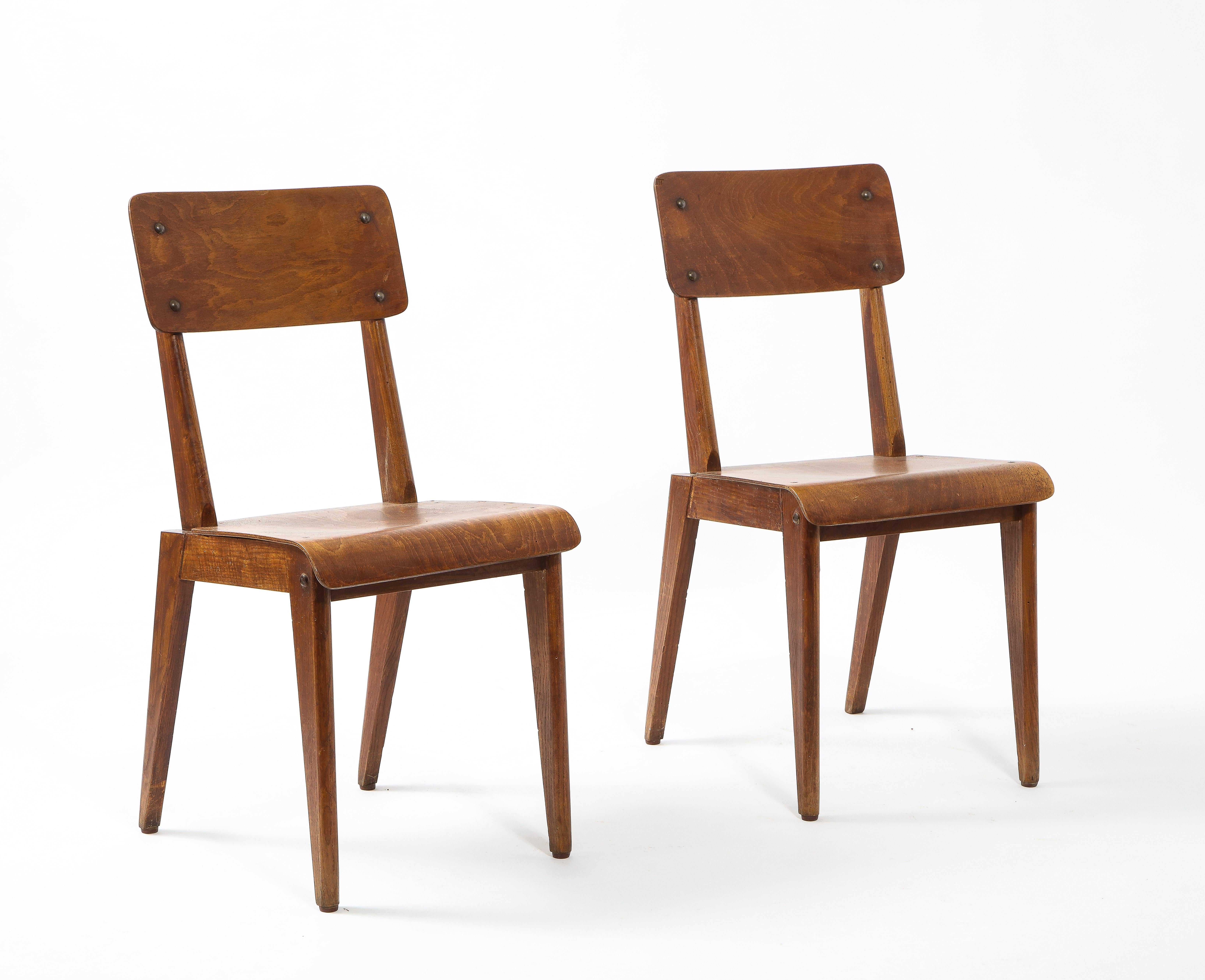 Mid-Century Modern Pair of Plywood Side Chairs, France 1960's For Sale
